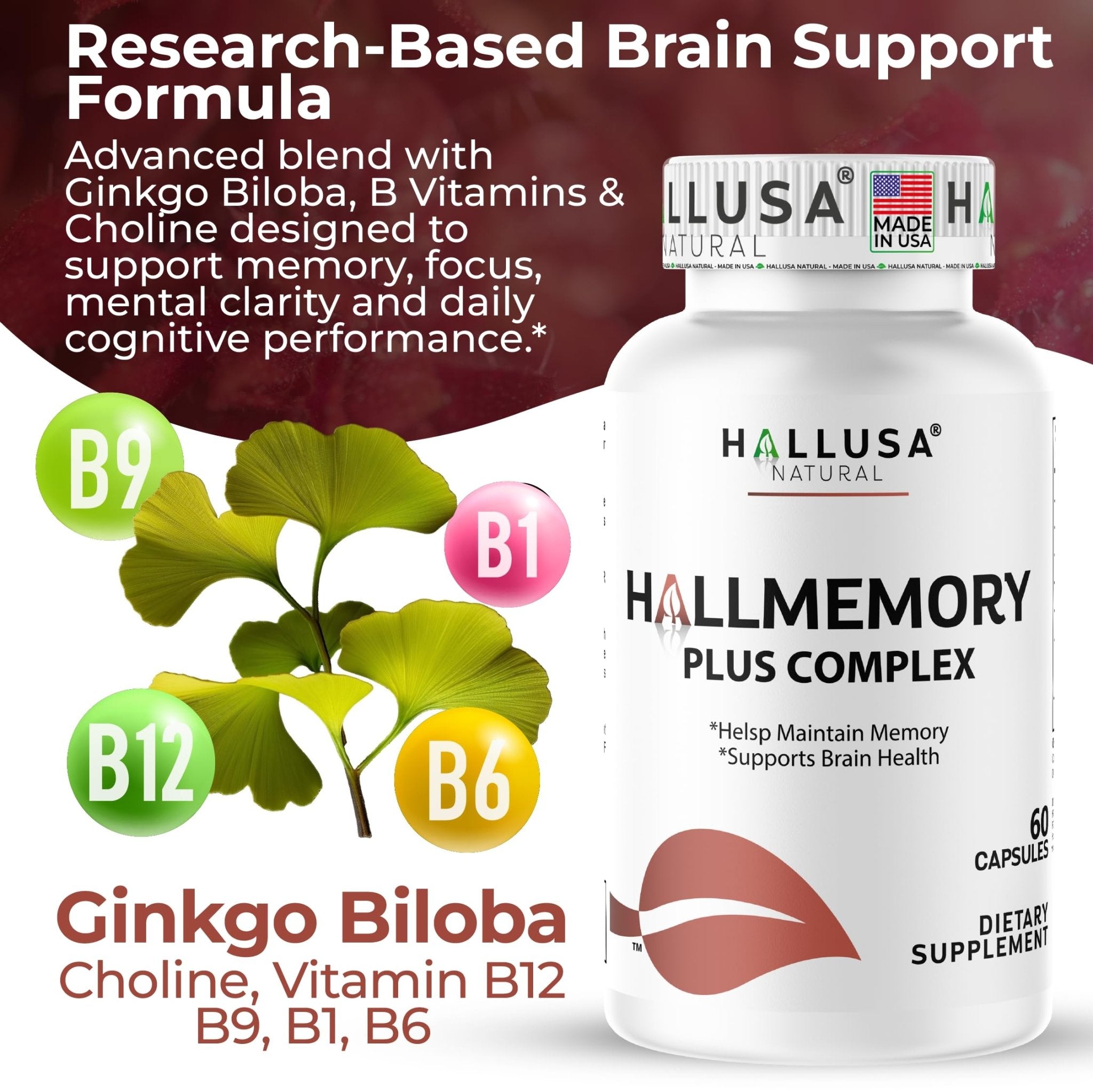 Hallusa Natural Brain Health Supplement Capsules 1680mg, Ginkgo Biloba, B Vitamins & Choline, Memory & Focus Support, Brain Booster for Men & Women, 60 Count - TrustMedUSA