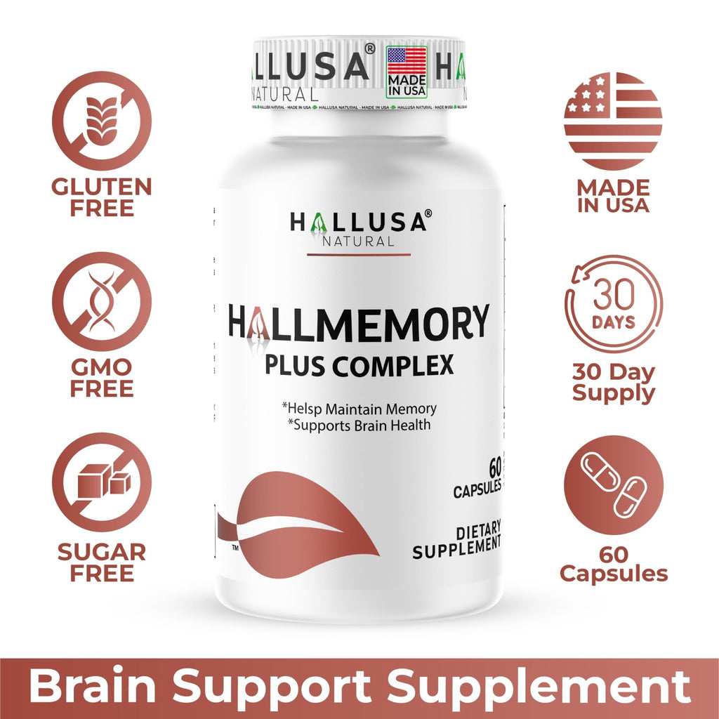 Hallusa Natural Brain Health Supplement Capsules 1680mg, Ginkgo Biloba, B Vitamins & Choline, Memory & Focus Support, Brain Booster for Men & Women, 60 Count - TrustMedUSA
