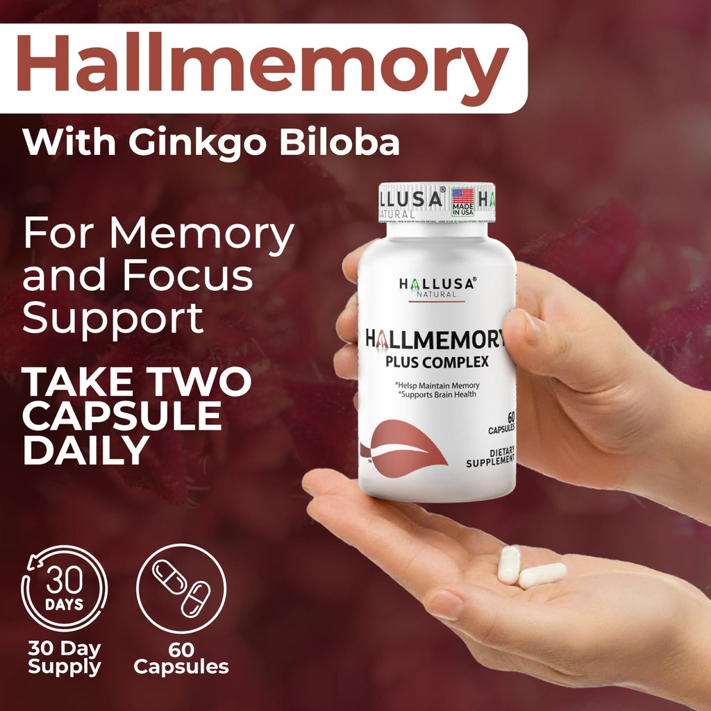 Hallusa Natural Brain Health Supplement Capsules 1680mg, Ginkgo Biloba, B Vitamins & Choline, Memory & Focus Support, Brain Booster for Men & Women, 60 Count - TrustMedUSA