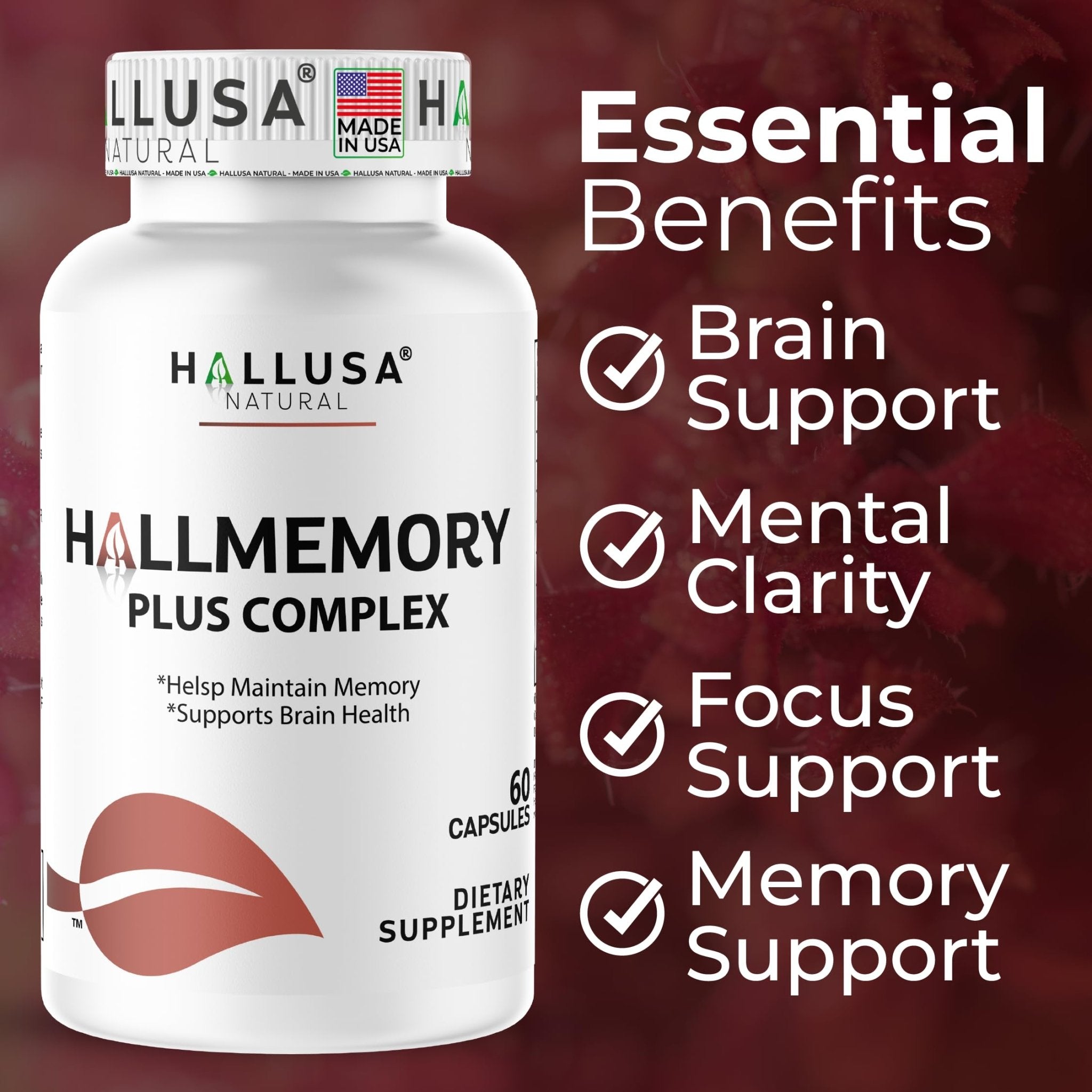 Hallusa Natural Brain Health Supplement Capsules 1680mg, Ginkgo Biloba, B Vitamins & Choline, Memory & Focus Support, Brain Booster for Men & Women, 60 Count - TrustMedUSA