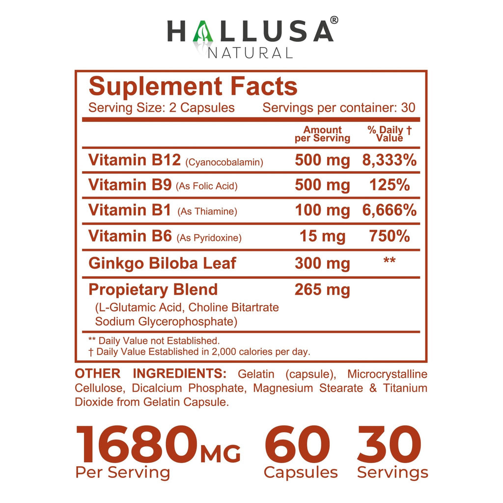 Hallusa Natural Brain Health Supplement Capsules 1680mg, Ginkgo Biloba, B Vitamins & Choline, Memory & Focus Support, Brain Booster for Men & Women, 60 Count - TrustMedUSA