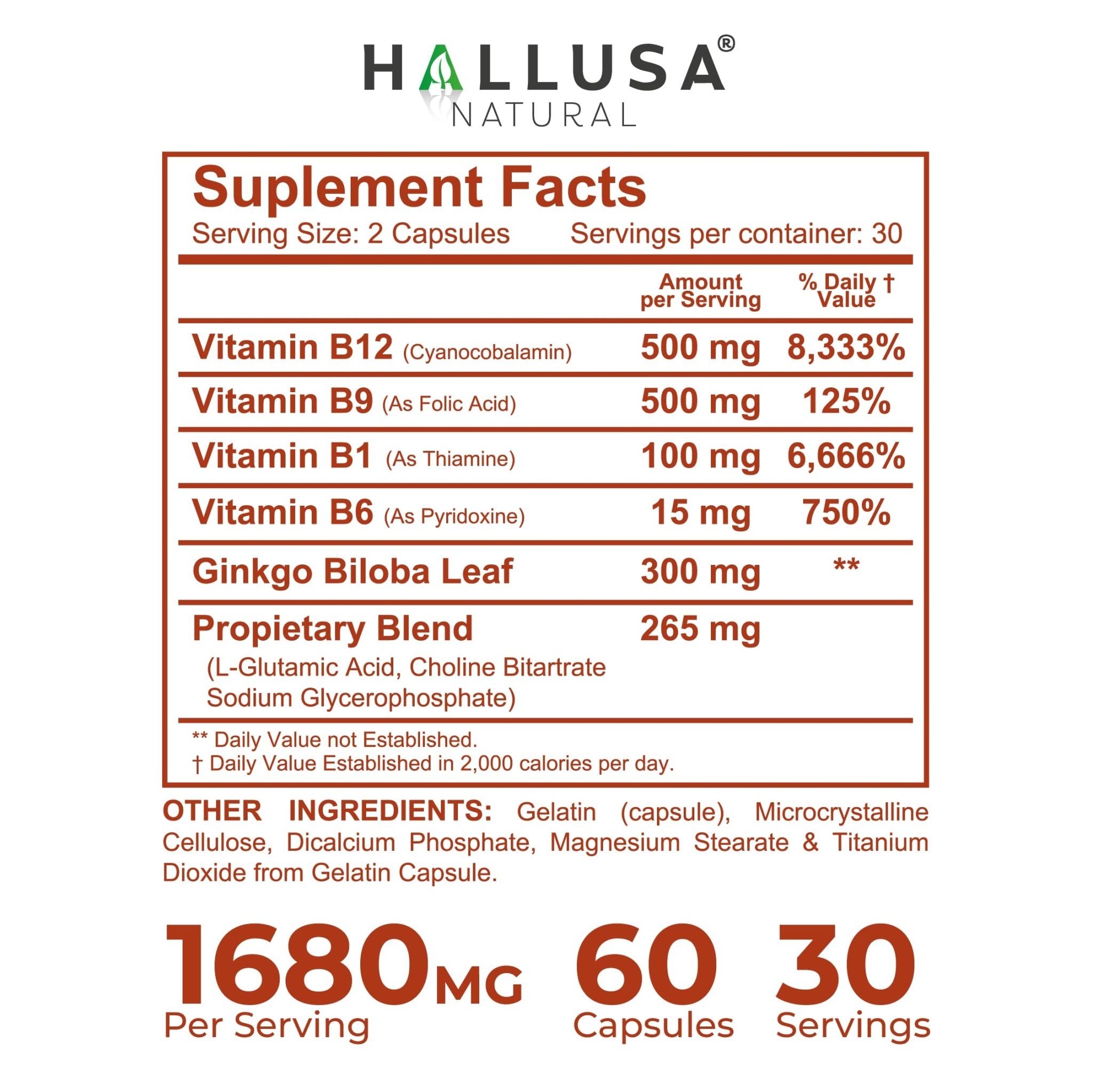 Hallusa Natural Brain Health Supplement Capsules 1680mg, Ginkgo Biloba, B Vitamins & Choline, Memory & Focus Support, Brain Booster for Men & Women, 60 Count - TrustMedUSA