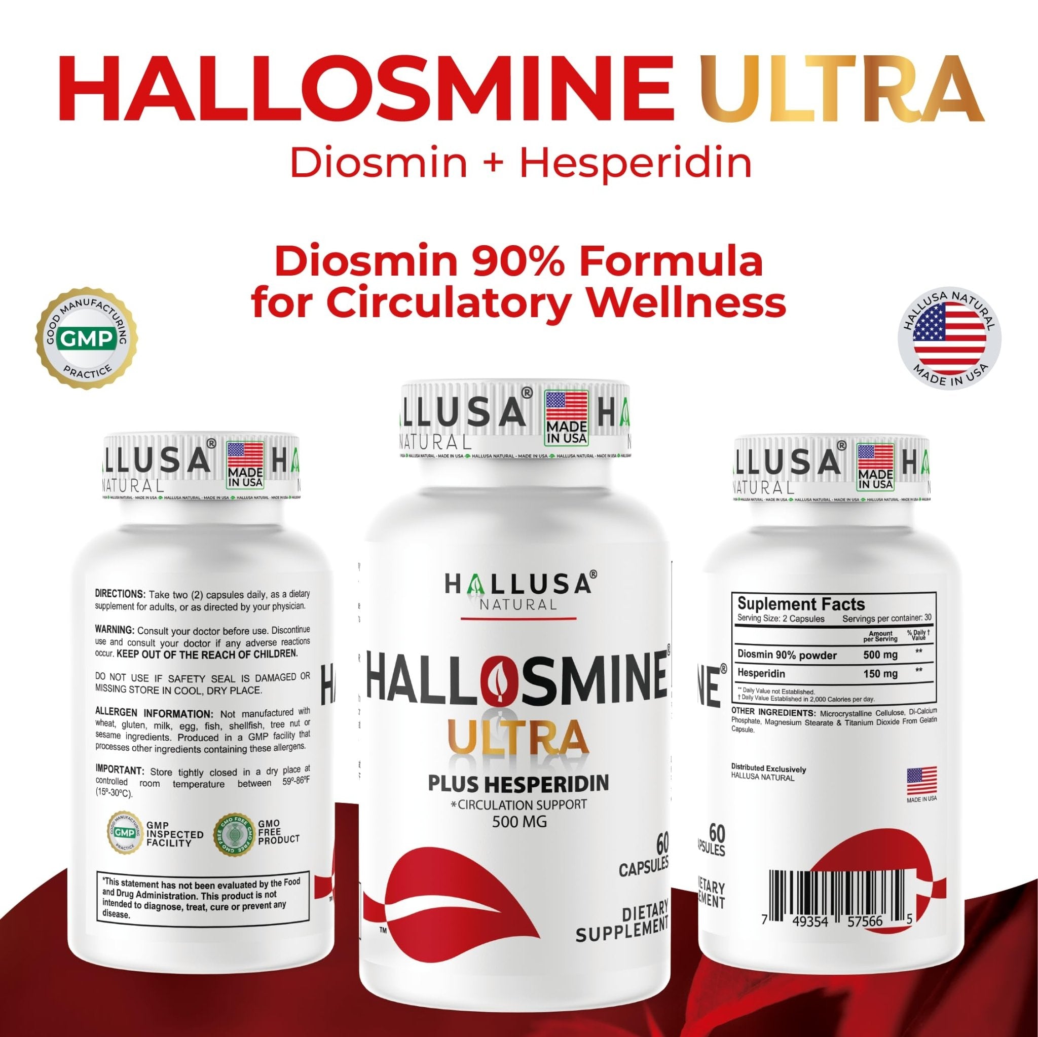 Hallusa Natural Hallosmine Ultra Diosmin 500mg & Hesperidin 150mg – Heavy Legs, Swelling & Vein - Blood Circulation Supplements, 60 Caps - TrustMedUSA