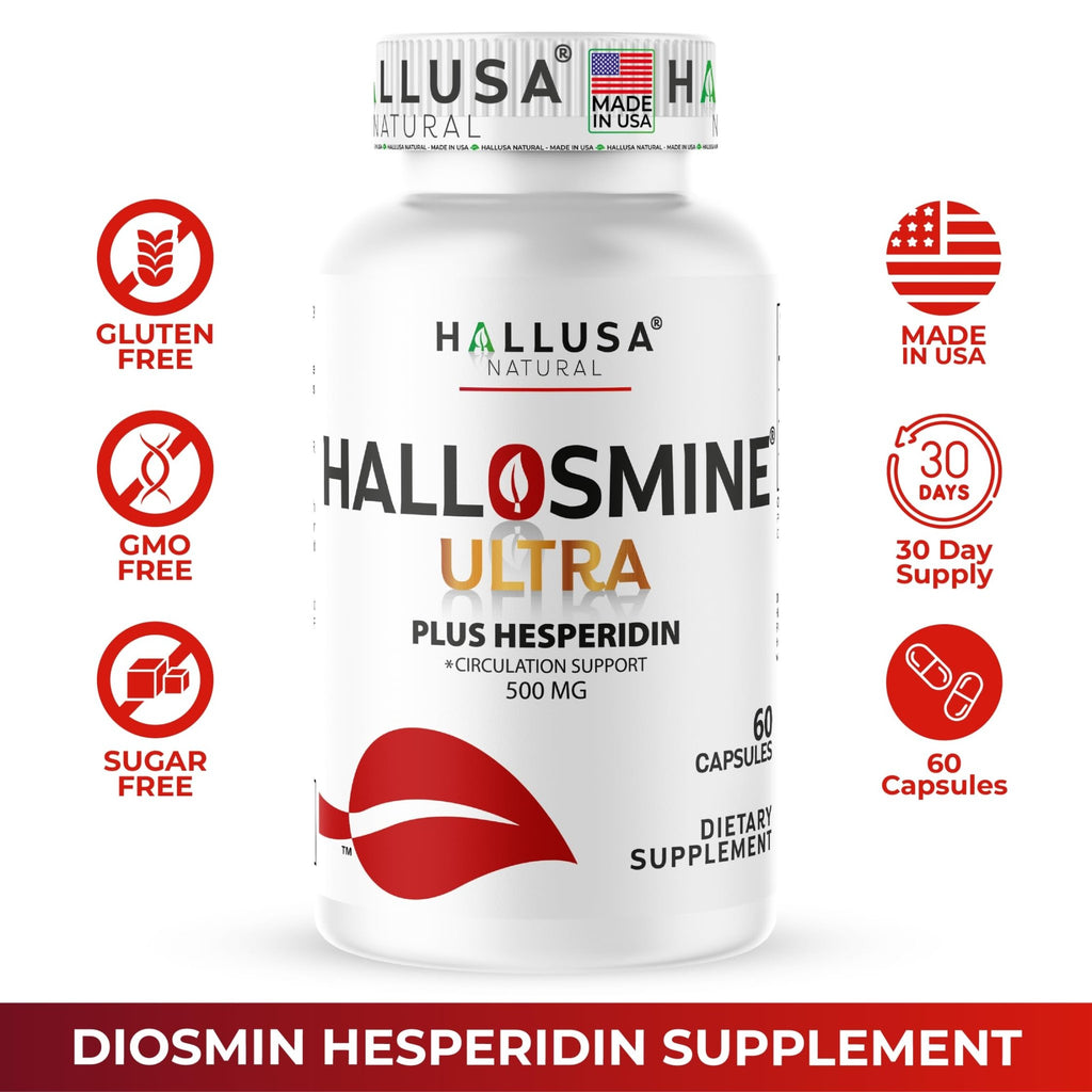 Hallusa Natural Hallosmine Ultra Diosmin 500mg & Hesperidin 150mg – Heavy Legs, Swelling & Vein - Blood Circulation Supplements, 60 Caps - TrustMedUSA