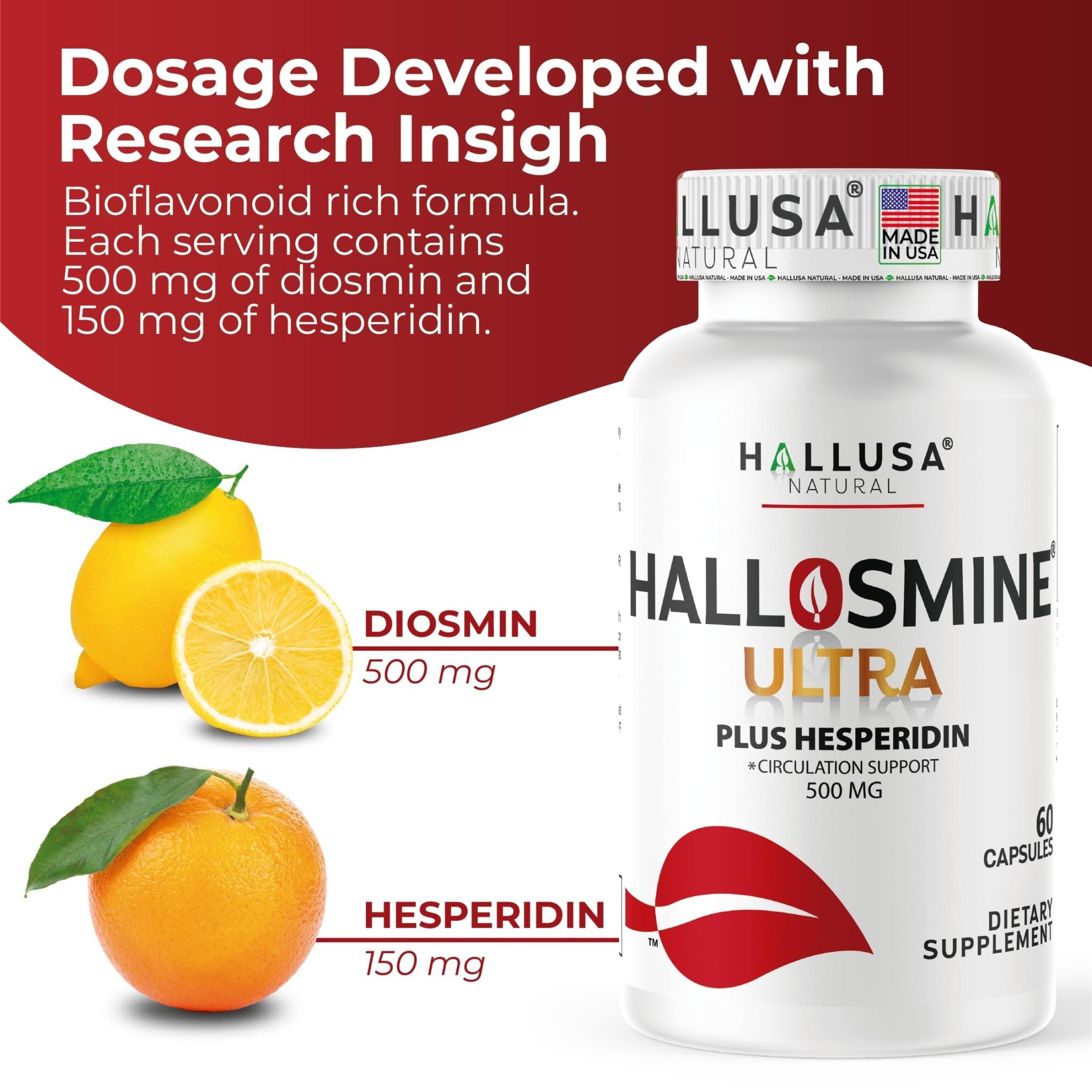Hallusa Natural Hallosmine Ultra Diosmin 500mg & Hesperidin 150mg – Heavy Legs, Swelling & Vein - Blood Circulation Supplements, 60 Caps - TrustMedUSA