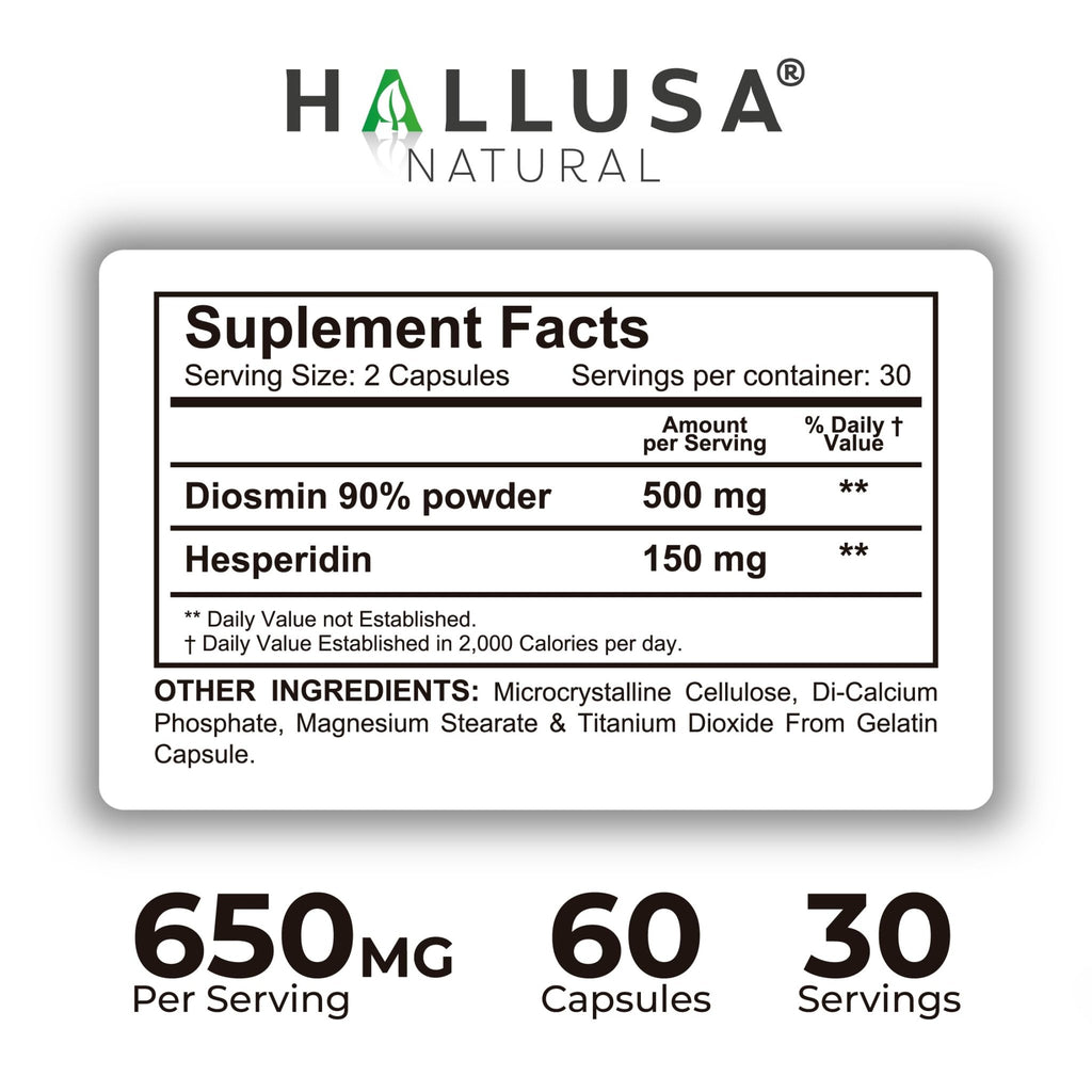 Hallusa Natural Hallosmine Ultra Diosmin 500mg & Hesperidin 150mg – Heavy Legs, Swelling & Vein - Blood Circulation Supplements, 60 Caps - TrustMedUSA