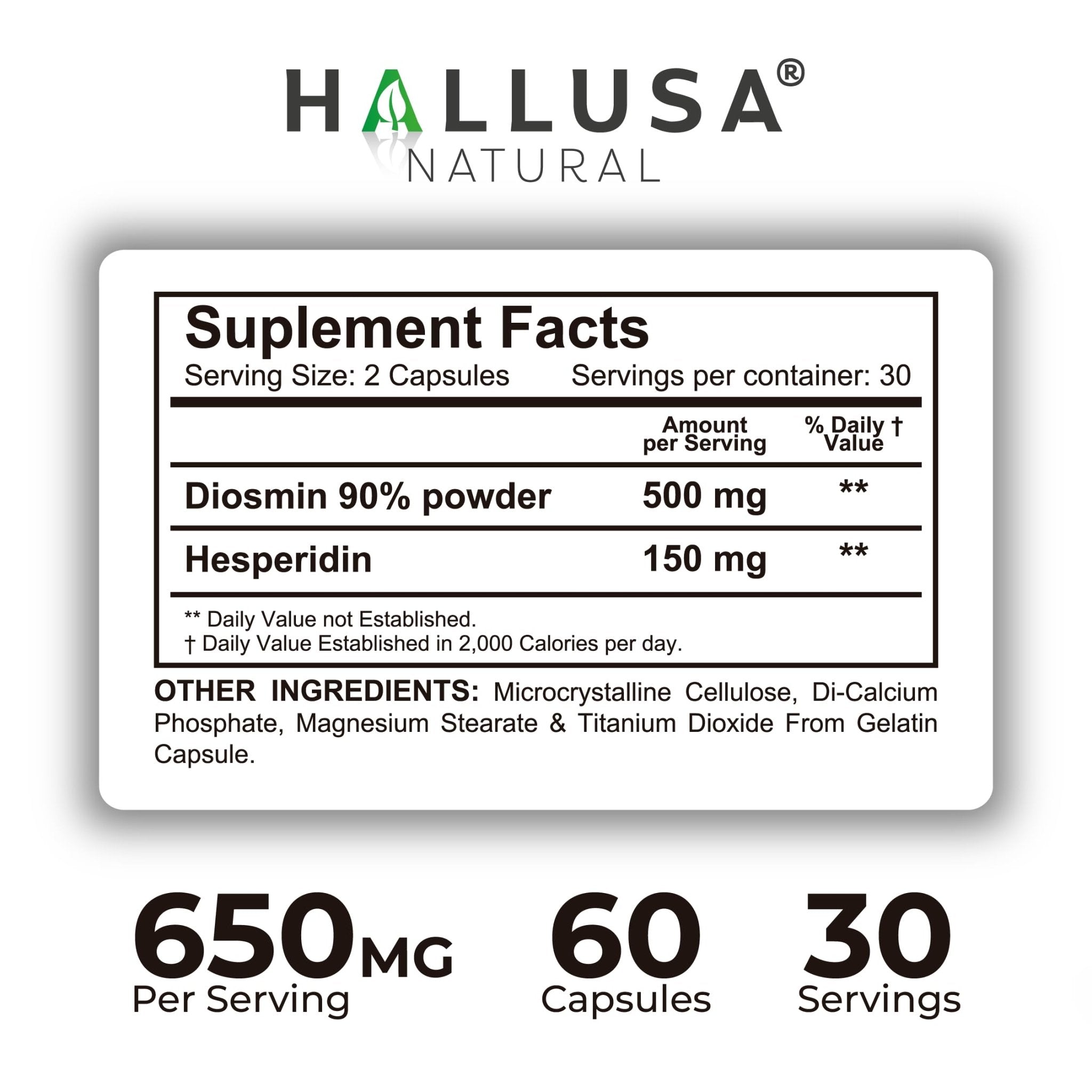 Hallusa Natural Hallosmine Ultra Diosmin 500mg & Hesperidin 150mg – Heavy Legs, Swelling & Vein - Blood Circulation Supplements, 60 Caps - TrustMedUSA