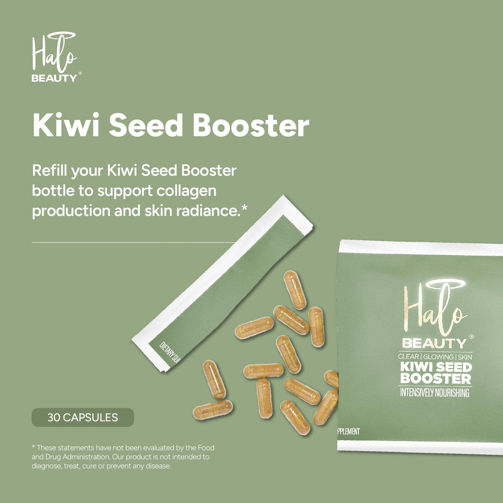 Halo Beauty Kiwi Seed Booster Skin Supplement Refill Pack | Anti-Aging Hydration & Glowing Skin Support with Kiwi Seed, Vitamin C, D3 & Zinc | Vegan Collagen Support Capsules | 1-Month Supply - TrustMedUSA