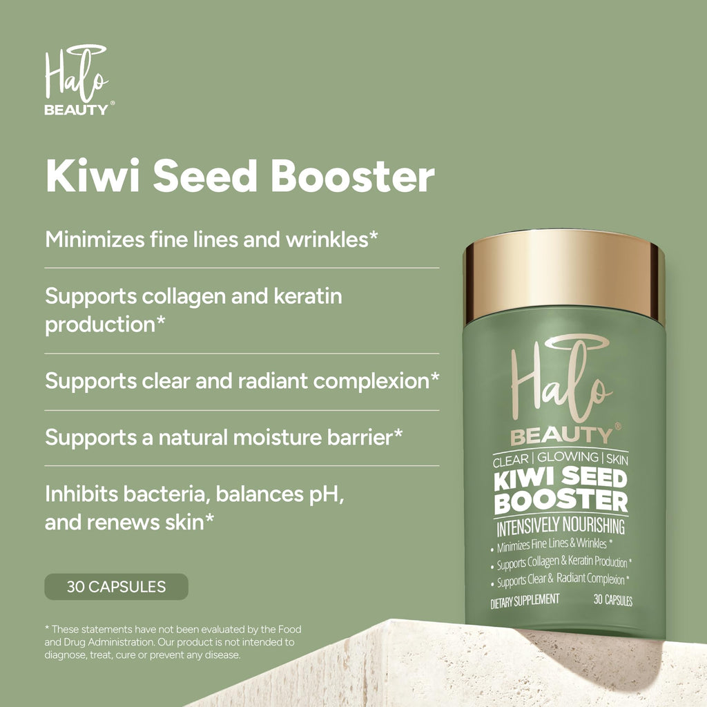 Halo Beauty Kiwi Seed Booster Skin Supplement Refill Pack | Anti-Aging Hydration & Glowing Skin Support with Kiwi Seed, Vitamin C, D3 & Zinc | Vegan Collagen Support Capsules | 1-Month Supply - TrustMedUSA