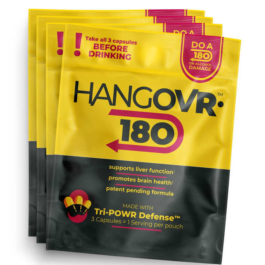 Hangovr 180 Tri-Power Before Drinking Defense 4 Pack - Support Liver & Brain Health, Feel Fresher & Better Energy - Take Before Drinking for Relief, 3 Capsules per Pouch - TrustMedUSA