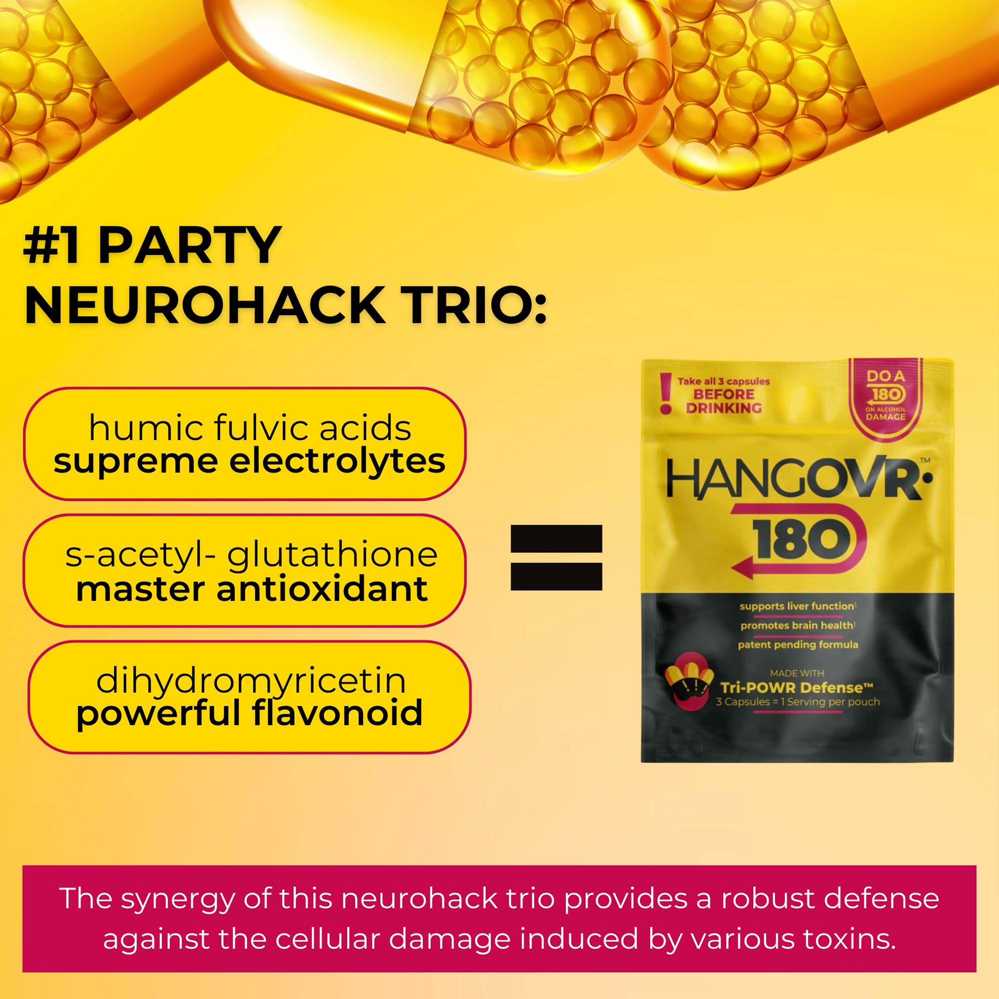 Hangovr 180 Tri-Power Before Drinking Defense 4 Pack - Support Liver & Brain Health, Feel Fresher & Better Energy - Take Before Drinking for Relief, 3 Capsules per Pouch - TrustMedUSA