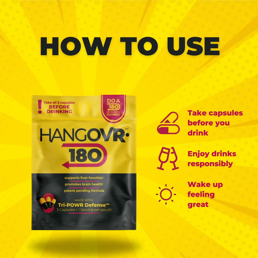 Hangovr 180 Tri-Power Before Drinking Defense 4 Pack - Support Liver & Brain Health, Feel Fresher & Better Energy - Take Before Drinking for Relief, 3 Capsules per Pouch - TrustMedUSA