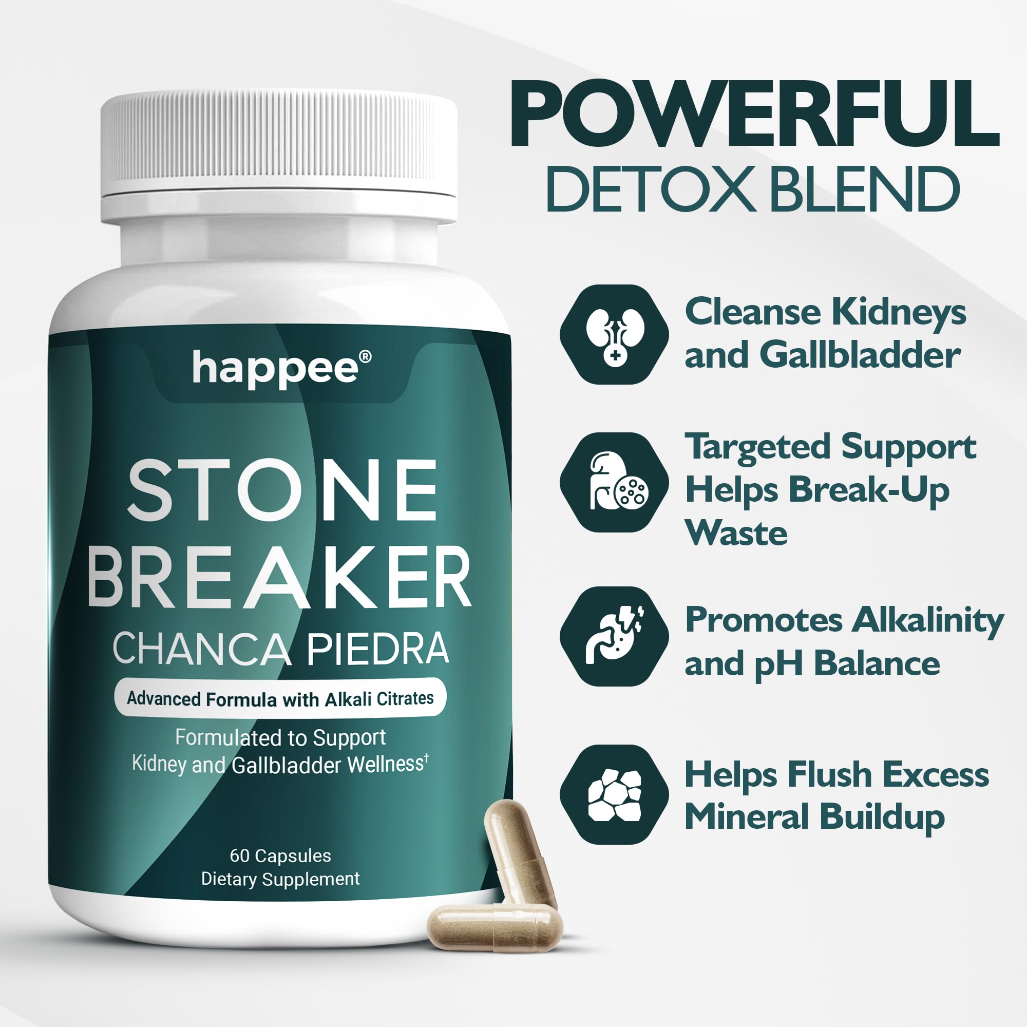 Happee Chanca Piedra Stone Breaker Kidney & Gallbladder Cleanse – Kidney Stone Dissolver & Passage Support - High Potency Phyllanthus Niruri with Magnesium, Potassium & Herbal Blend - 60 Capsules - TrustMedUSA