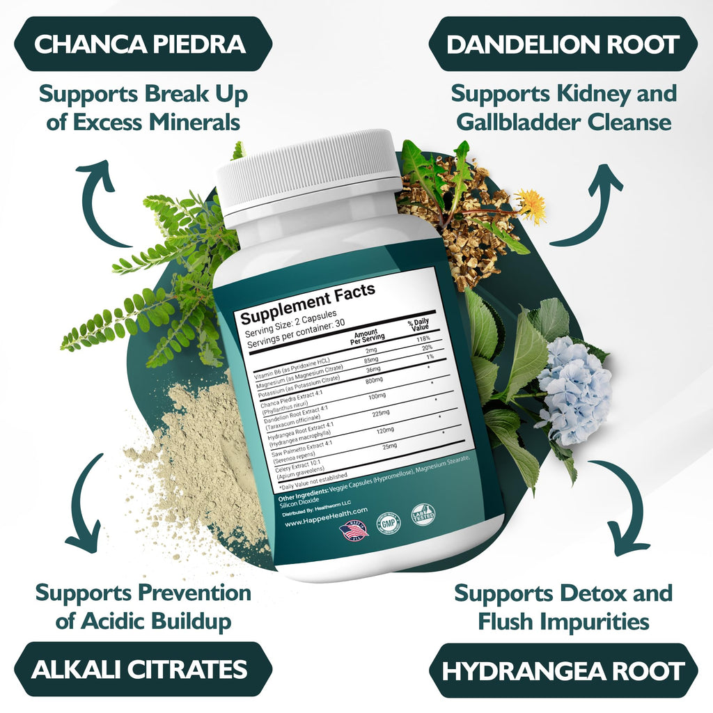 Happee Chanca Piedra Stone Breaker Kidney & Gallbladder Cleanse – Kidney Stone Dissolver & Passage Support - High Potency Phyllanthus Niruri with Magnesium, Potassium & Herbal Blend - 60 Capsules - TrustMedUSA