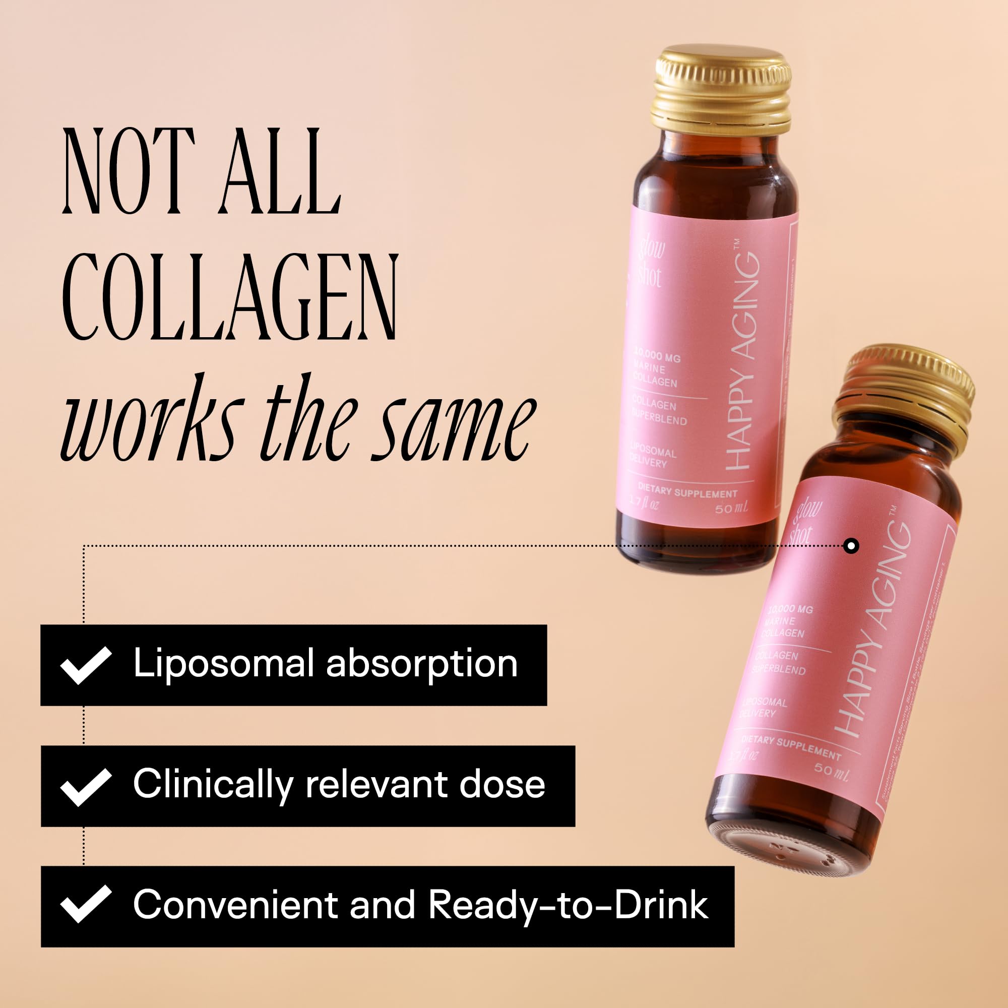 Happy Aging Marine Collagen Peptides Glow Shot 10,000mg - Liquid Collagen for Women with Liposomal Delivery - Promotes Skin Hydration, Elasticity & Radiance - Supports Hair & Nails, 10 Shots - Maple Wellness Supplements