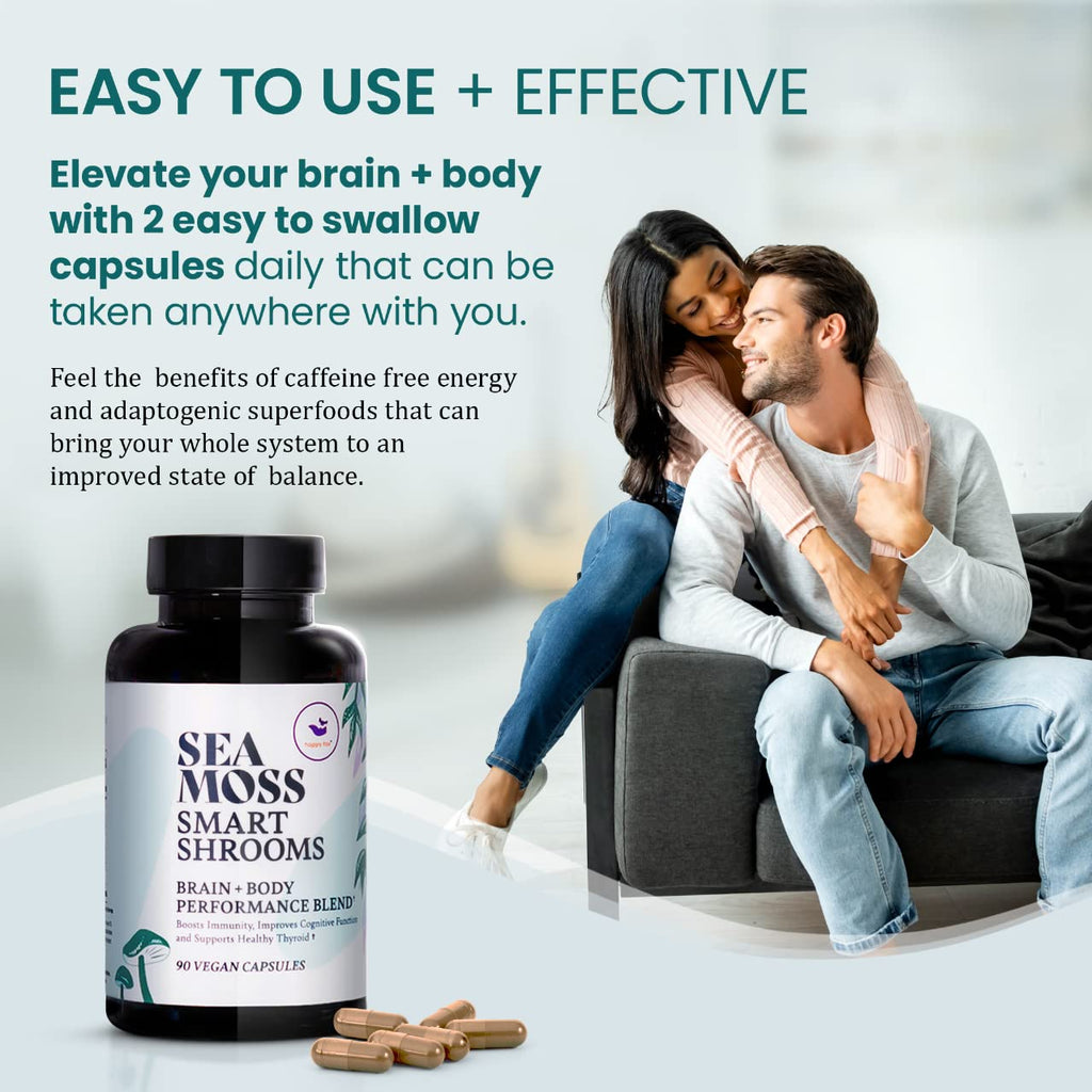HAPPY FOX Irish Sea Moss Capsules & Mushroom Complex - Organic Seamoss with Adaptogens for Brain Health, 1500mg, 90 Vegan Capsules, Organic Mushroom Supplement - TrustMedUSA