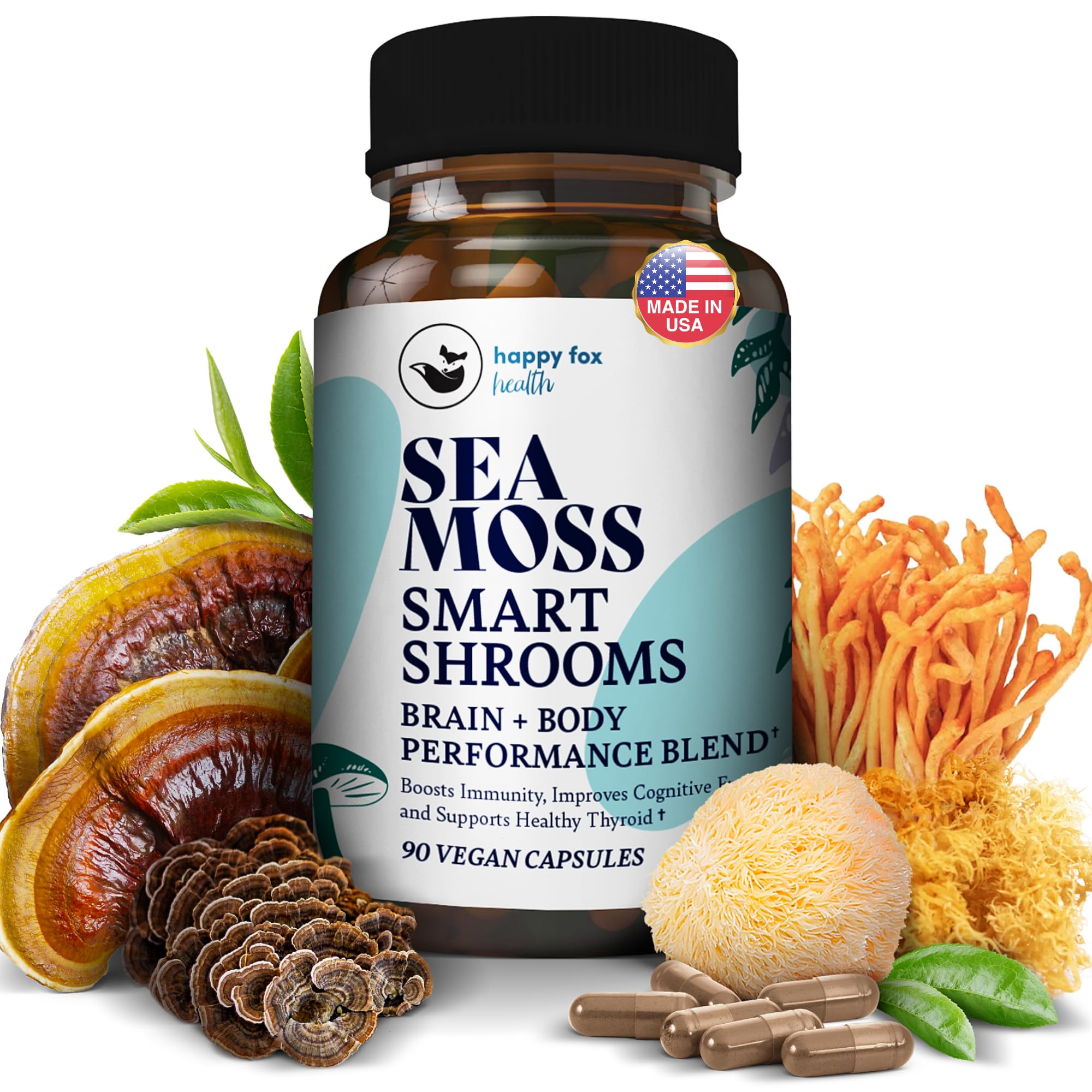 HAPPY FOX Irish Sea Moss Capsules & Mushroom Complex - Organic Seamoss with Adaptogens for Brain Health, 1500mg, 90 Vegan Capsules, Organic Mushroom Supplement - TrustMedUSA