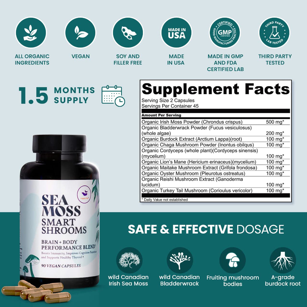 HAPPY FOX Irish Sea Moss Capsules & Mushroom Complex - Organic Seamoss with Adaptogens for Brain Health, 1500mg, 90 Vegan Capsules, Organic Mushroom Supplement - TrustMedUSA