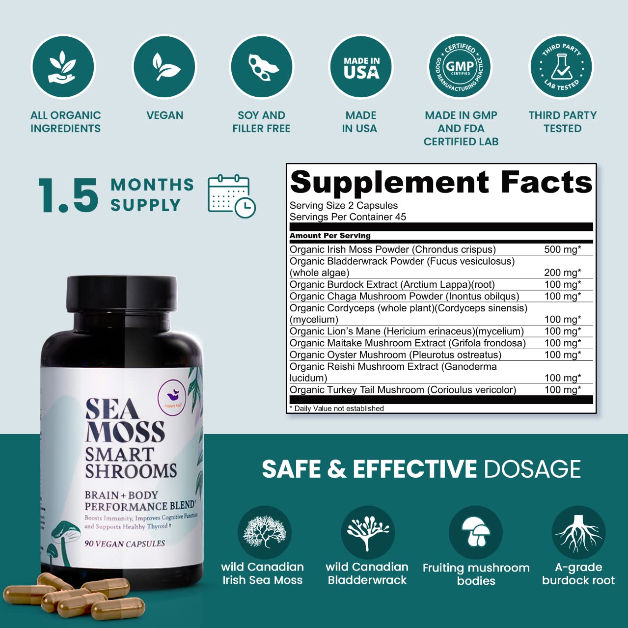 HAPPY FOX Irish Sea Moss Capsules & Mushroom Complex - Organic Seamoss with Adaptogens for Brain Health, 1500mg, 90 Vegan Capsules, Organic Mushroom Supplement - TrustMedUSA