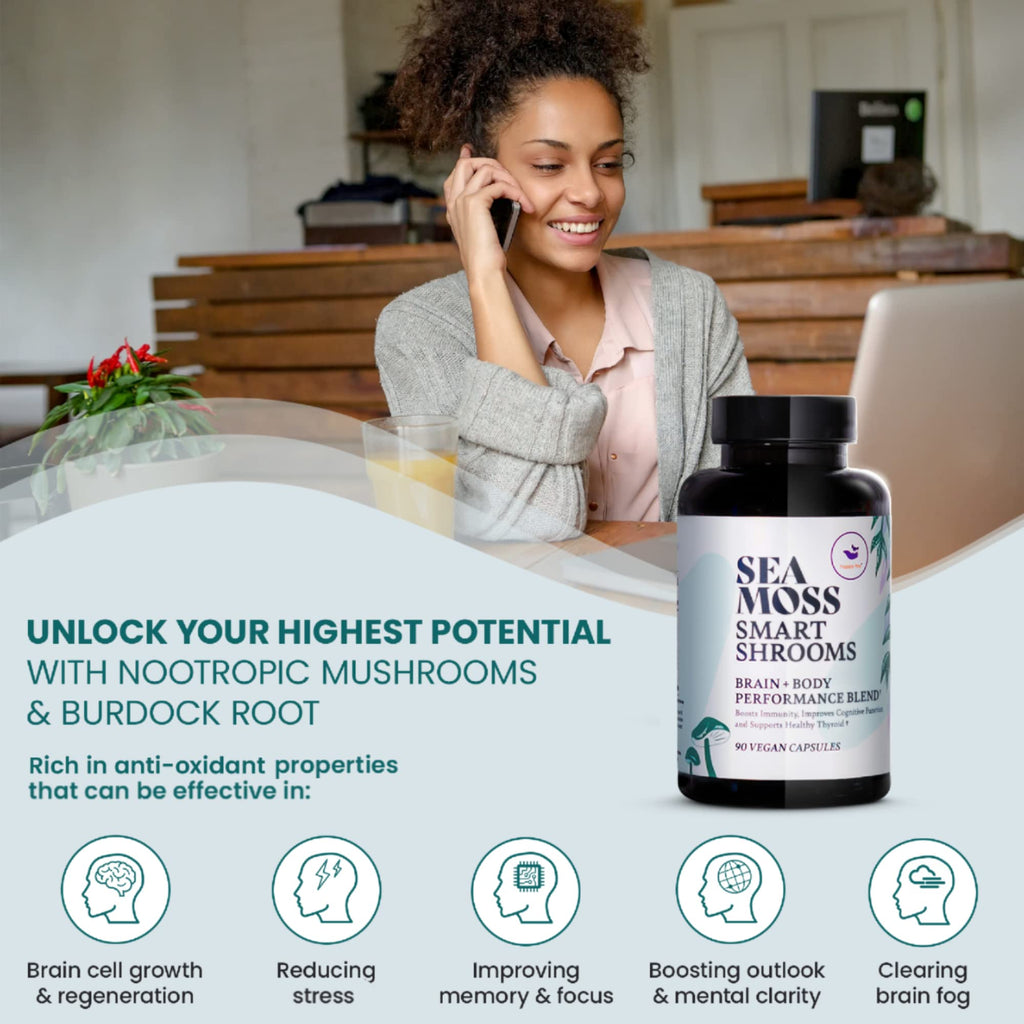 HAPPY FOX Irish Sea Moss Capsules & Mushroom Complex - Organic Seamoss with Adaptogens for Brain Health, 1500mg, 90 Vegan Capsules, Organic Mushroom Supplement - TrustMedUSA