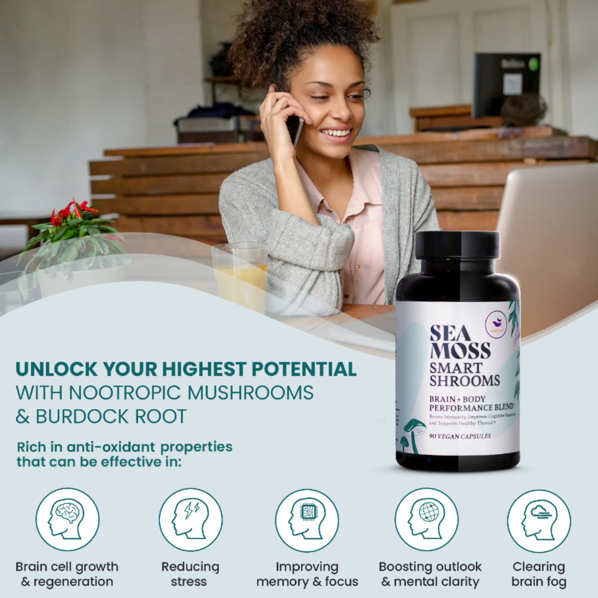 HAPPY FOX Irish Sea Moss Capsules & Mushroom Complex - Organic Seamoss with Adaptogens for Brain Health, 1500mg, 90 Vegan Capsules, Organic Mushroom Supplement - TrustMedUSA