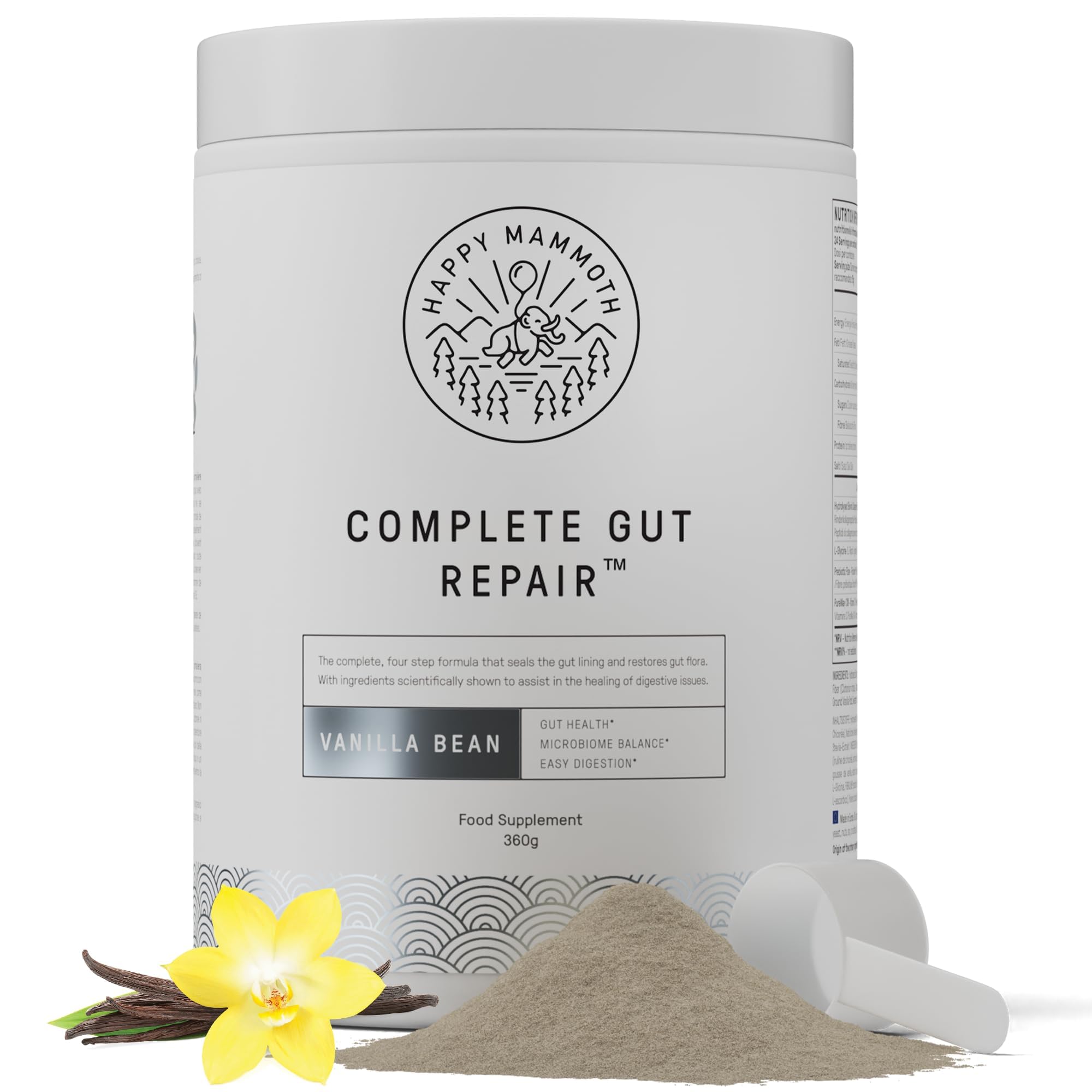 Happy Mammoth Complete Gut Repair Probiotic, Prebiotic, Fiber & Collagen Supplement for Gut Health, Digestion, Healthy Gut Microbiome, Reduces Constipation & Bloating 24 Servings, Vanilla Flavor - Maple Wellness Supplements