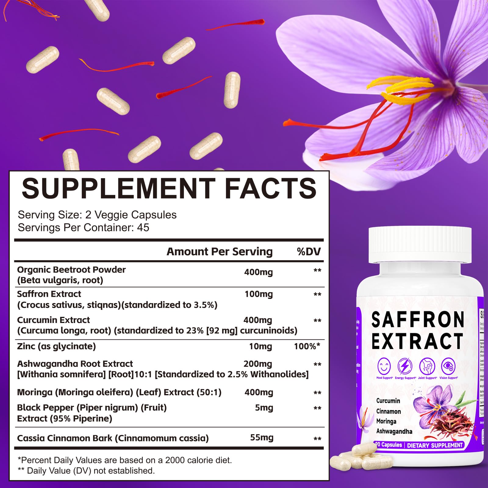 Happy Saffron Supplements, 100mg Saffron Extract, Saffron Blend with Turmeric & Ashwagandha, Supports Mood, Focus, and Energy Boost, 90 Capsules - TrustMedUSA