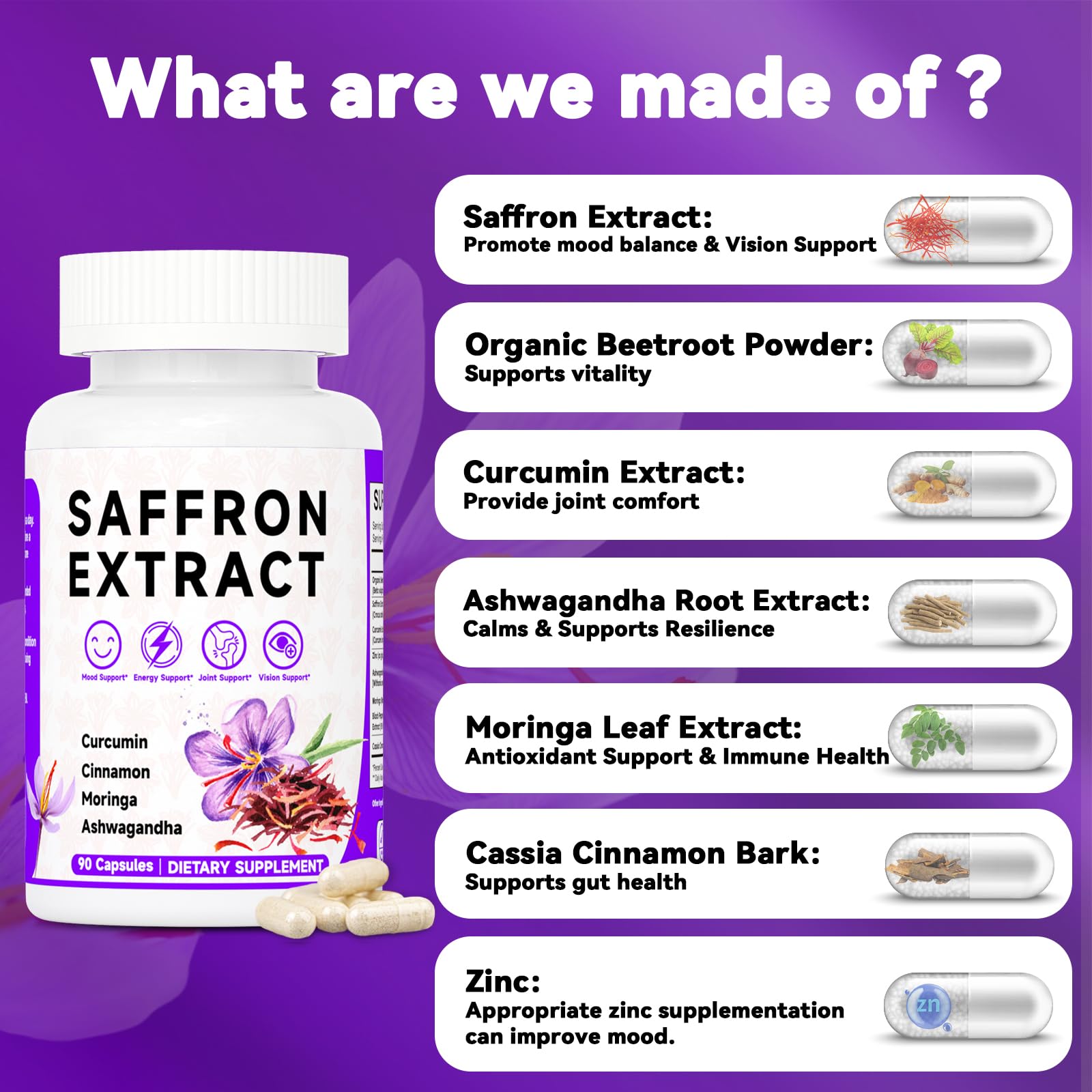 Happy Saffron Supplements, 100mg Saffron Extract, Saffron Blend with Turmeric & Ashwagandha, Supports Mood, Focus, and Energy Boost, 90 Capsules - TrustMedUSA
