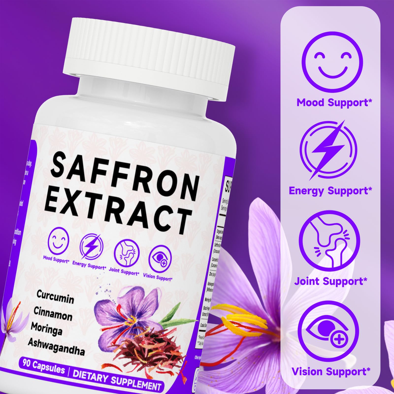 Happy Saffron Supplements, 100mg Saffron Extract, Saffron Blend with Turmeric & Ashwagandha, Supports Mood, Focus, and Energy Boost, 90 Capsules - TrustMedUSA