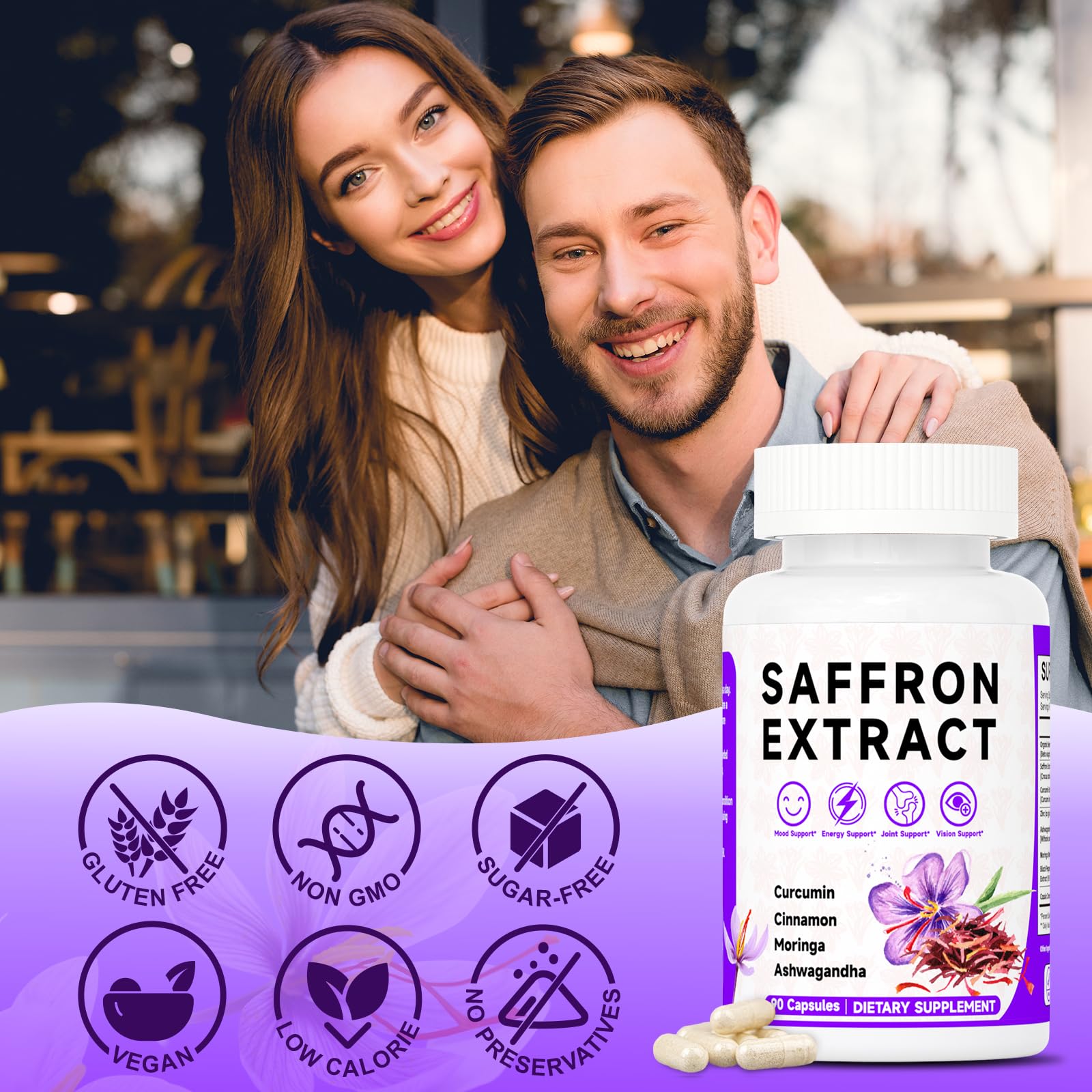 Happy Saffron Supplements, 100mg Saffron Extract, Saffron Blend with Turmeric & Ashwagandha, Supports Mood, Focus, and Energy Boost, 90 Capsules - TrustMedUSA
