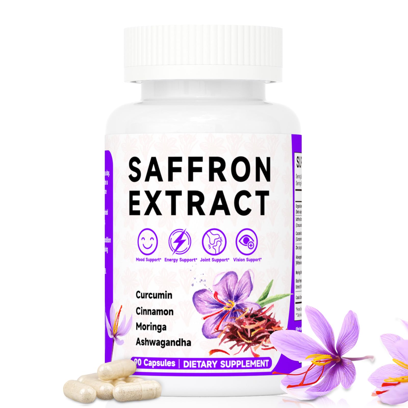 Happy Saffron Supplements, 100mg Saffron Extract, Saffron Blend with Turmeric & Ashwagandha, Supports Mood, Focus, and Energy Boost, 90 Capsules - TrustMedUSA