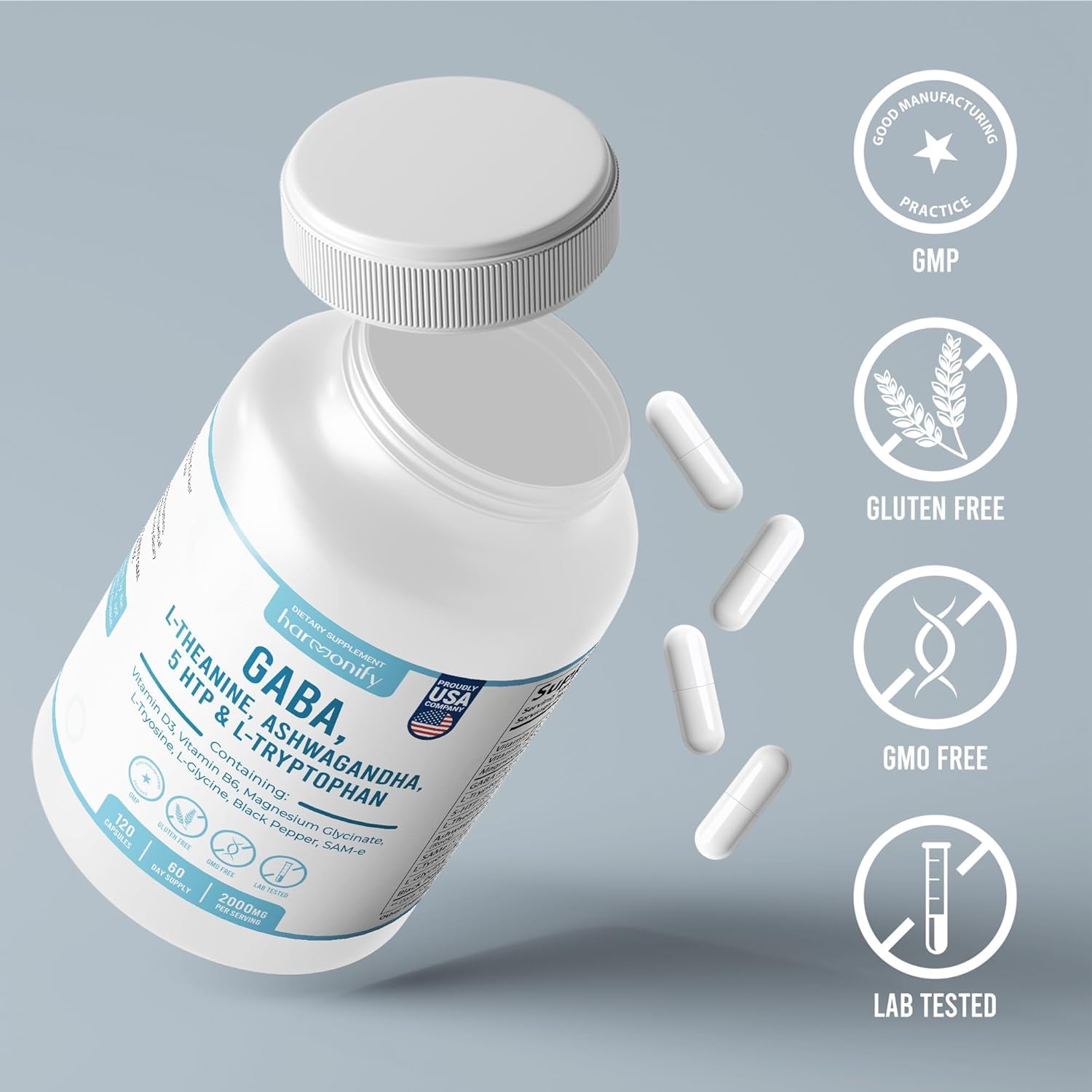 HARMONIFY GABA L-Theanine Supplements with Magnesium Glycinate, Ashwagandha, Same, 5-HTP and L-Tryptophan, 12 in 1 Supplements, 120 Capsules, 2000 mg - TrustMedUSA