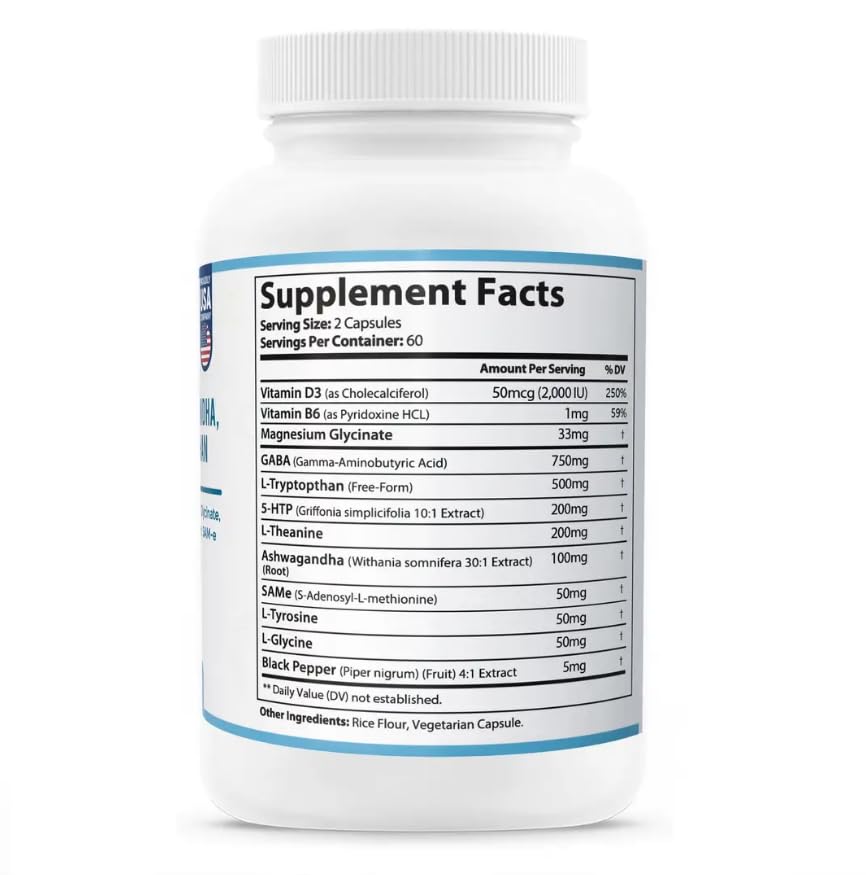 HARMONIFY GABA L-Theanine Supplements with Magnesium Glycinate, Ashwagandha, Same, 5-HTP and L-Tryptophan, 12 in 1 Supplements, 120 Capsules, 2000 mg - TrustMedUSA