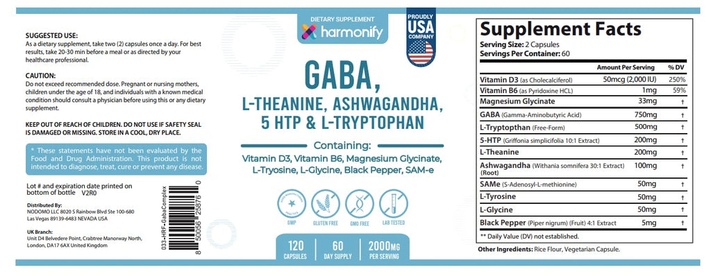 HARMONIFY GABA L-Theanine Supplements with Magnesium Glycinate, Ashwagandha, Same, 5-HTP and L-Tryptophan, 12 in 1 Supplements, 120 Capsules, 2000 mg - TrustMedUSA