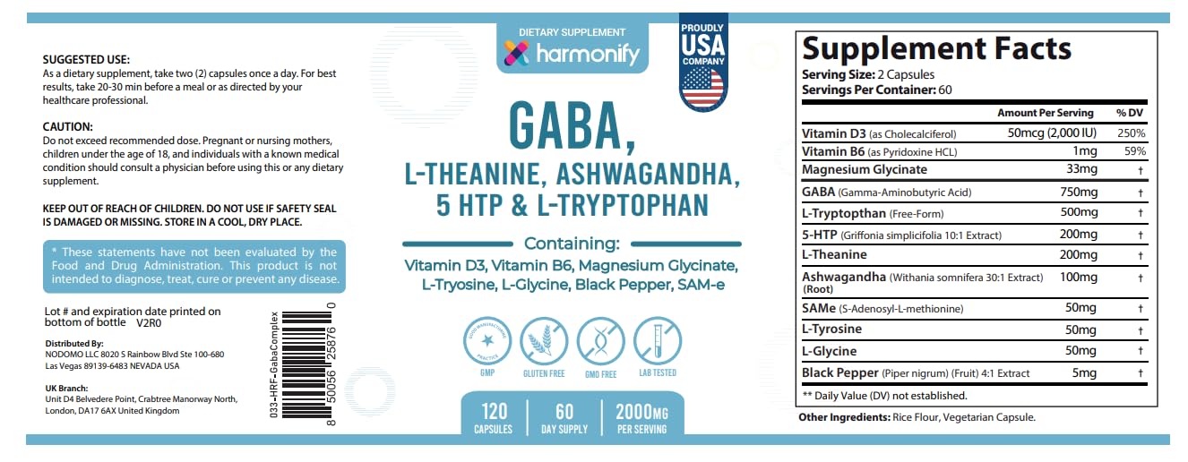 HARMONIFY GABA L-Theanine Supplements with Magnesium Glycinate, Ashwagandha, Same, 5-HTP and L-Tryptophan, 12 in 1 Supplements, 120 Capsules, 2000 mg - TrustMedUSA