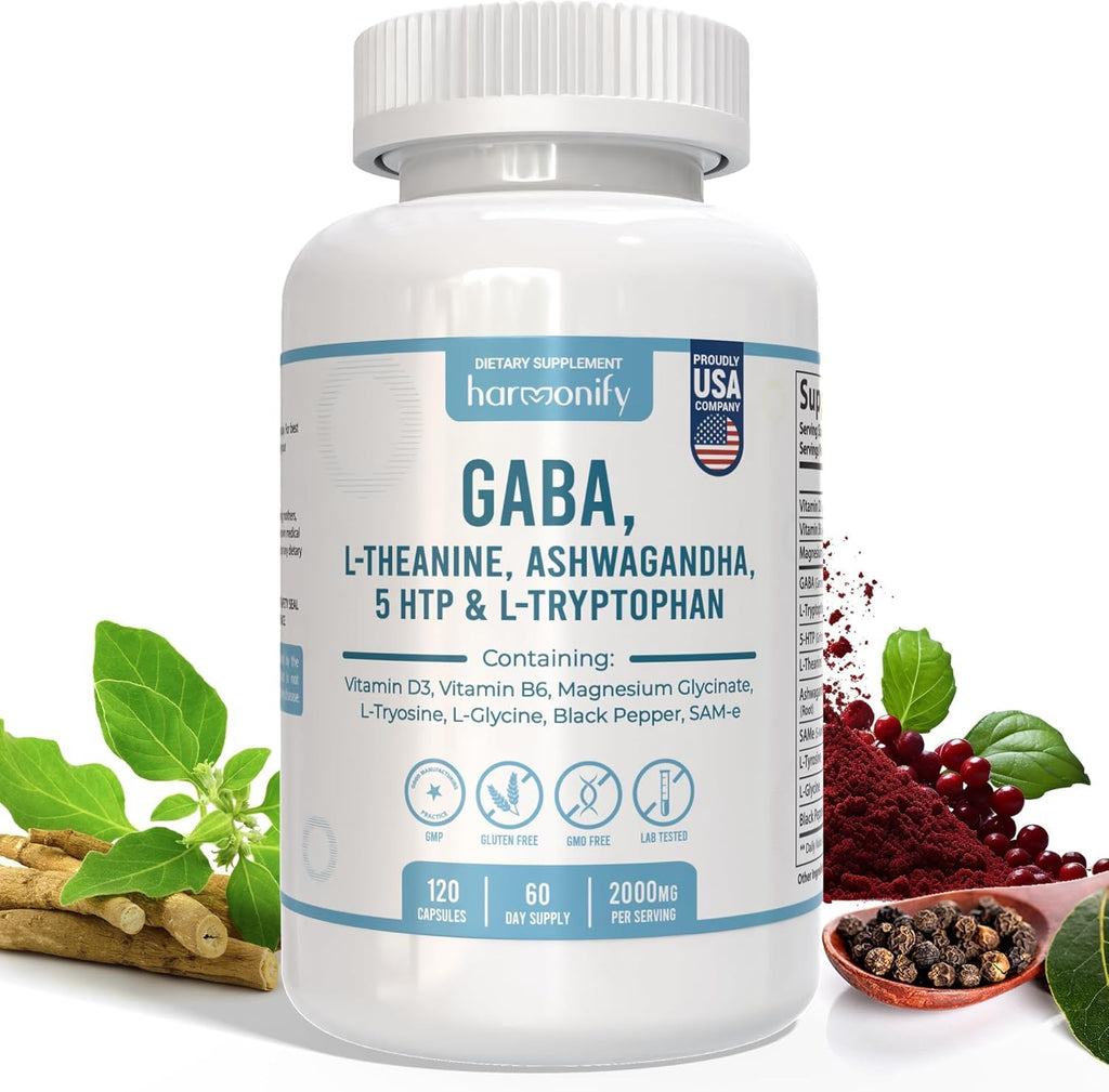 HARMONIFY GABA L-Theanine Supplements with Magnesium Glycinate, Ashwagandha, Same, 5-HTP and L-Tryptophan, 12 in 1 Supplements, 120 Capsules, 2000 mg - TrustMedUSA