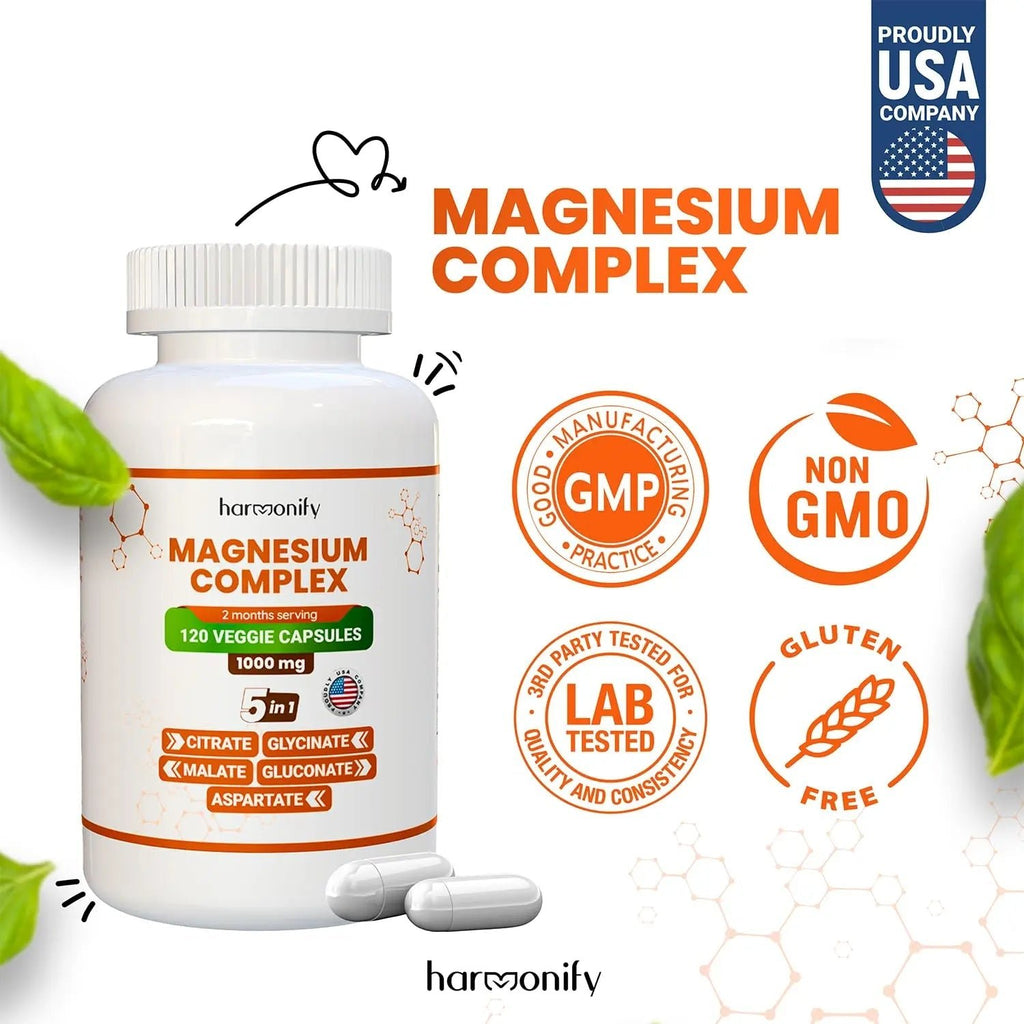 HARMONIFY Magnesium Glycinate Citrate Malate Aspartate Gluconate, 5 in 1 Formula, 120 Purified Veggie Capsule, 1000 mg, Gluten Free, Non-GMO, 60 Days Serving - TrustMedUSA