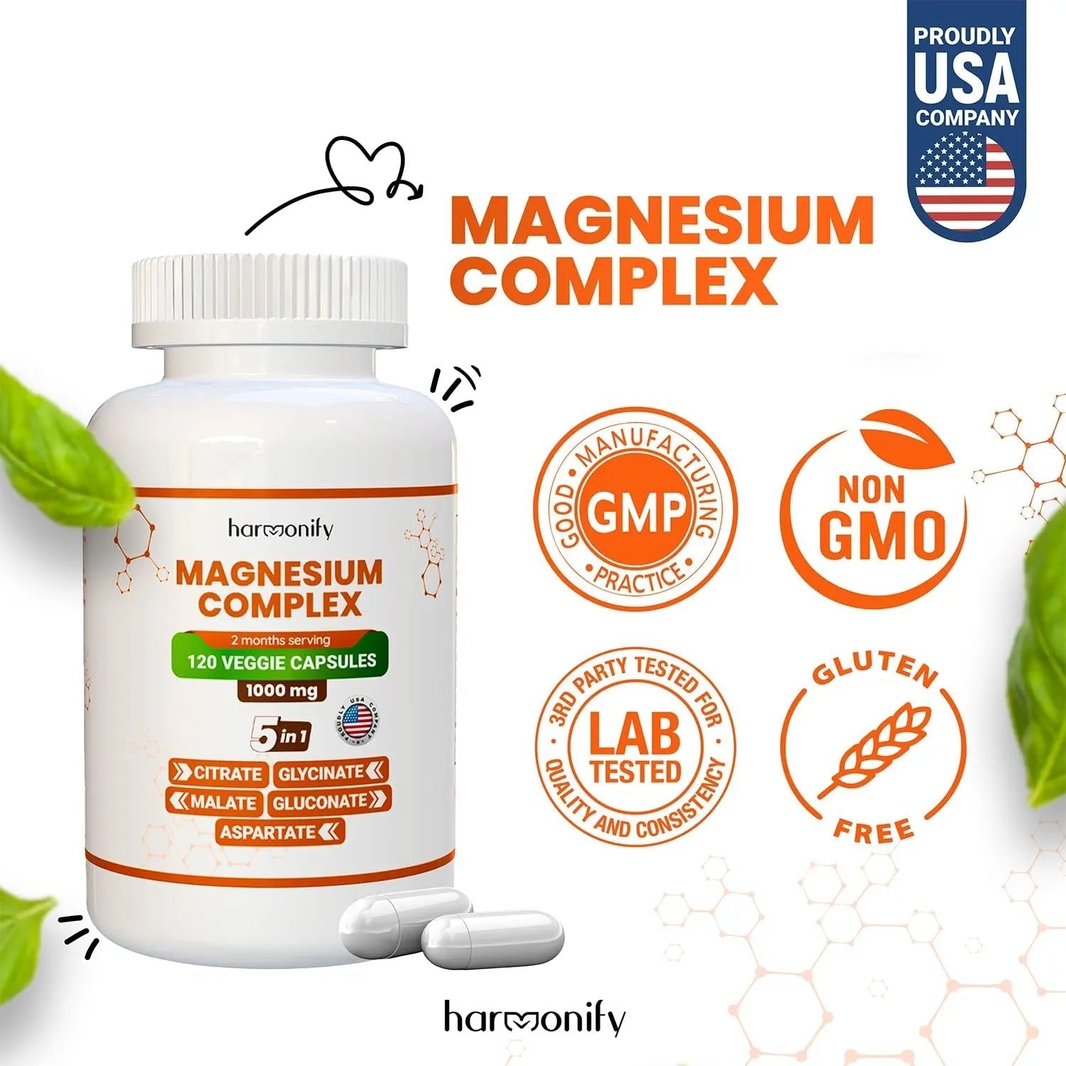 HARMONIFY Magnesium Glycinate Citrate Malate Aspartate Gluconate, 5 in 1 Formula, 120 Purified Veggie Capsule, 1000 mg, Gluten Free, Non-GMO, 60 Days Serving - TrustMedUSA