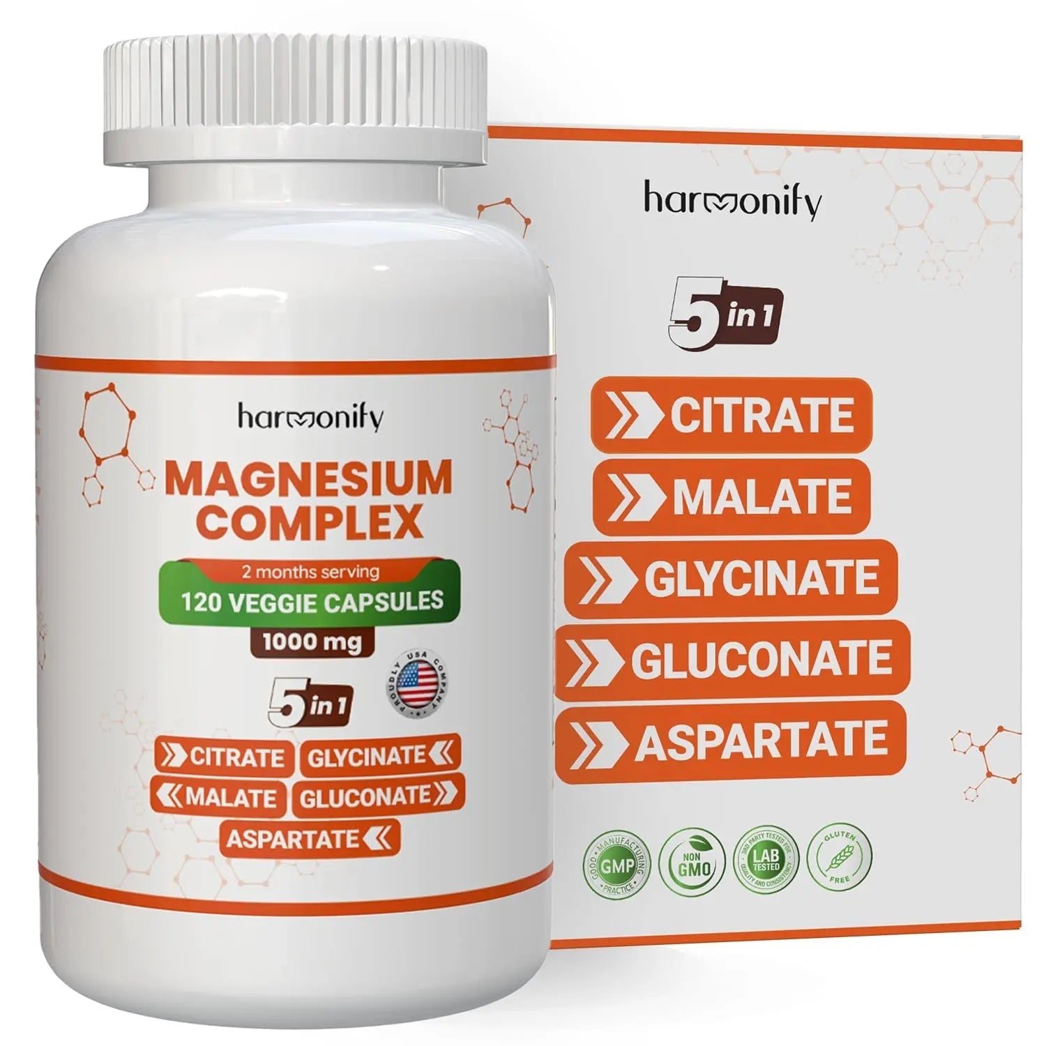 HARMONIFY Magnesium Glycinate Citrate Malate Aspartate Gluconate, 5 in 1 Formula, 120 Purified Veggie Capsule, 1000 mg, Gluten Free, Non-GMO, 60 Days Serving - TrustMedUSA