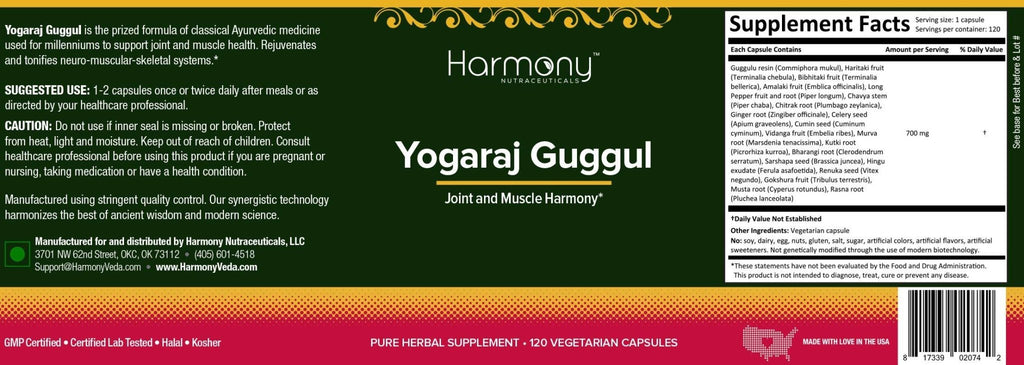 Harmony Nutraceuticals Yogaraj Guggulu - Organic - 120 Capsules - Ayurvedic Herbs for Pain in The Muscles, Nerves & Joints - TrustMedUSA