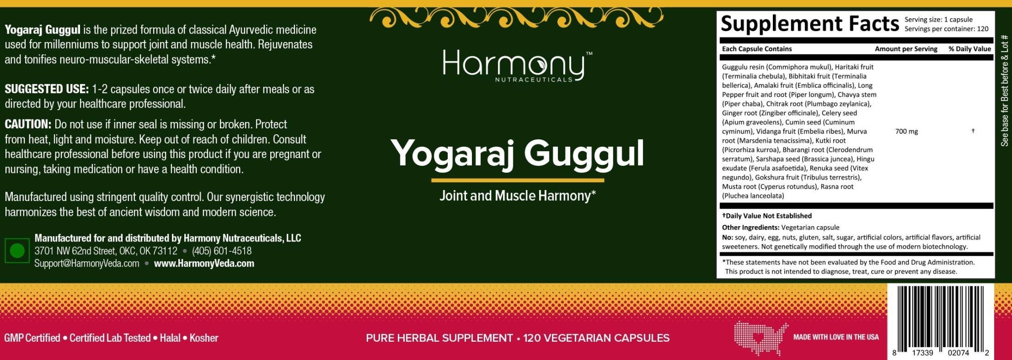 Harmony Nutraceuticals Yogaraj Guggulu - Organic - 120 Capsules - Ayurvedic Herbs for Pain in The Muscles, Nerves & Joints - TrustMedUSA