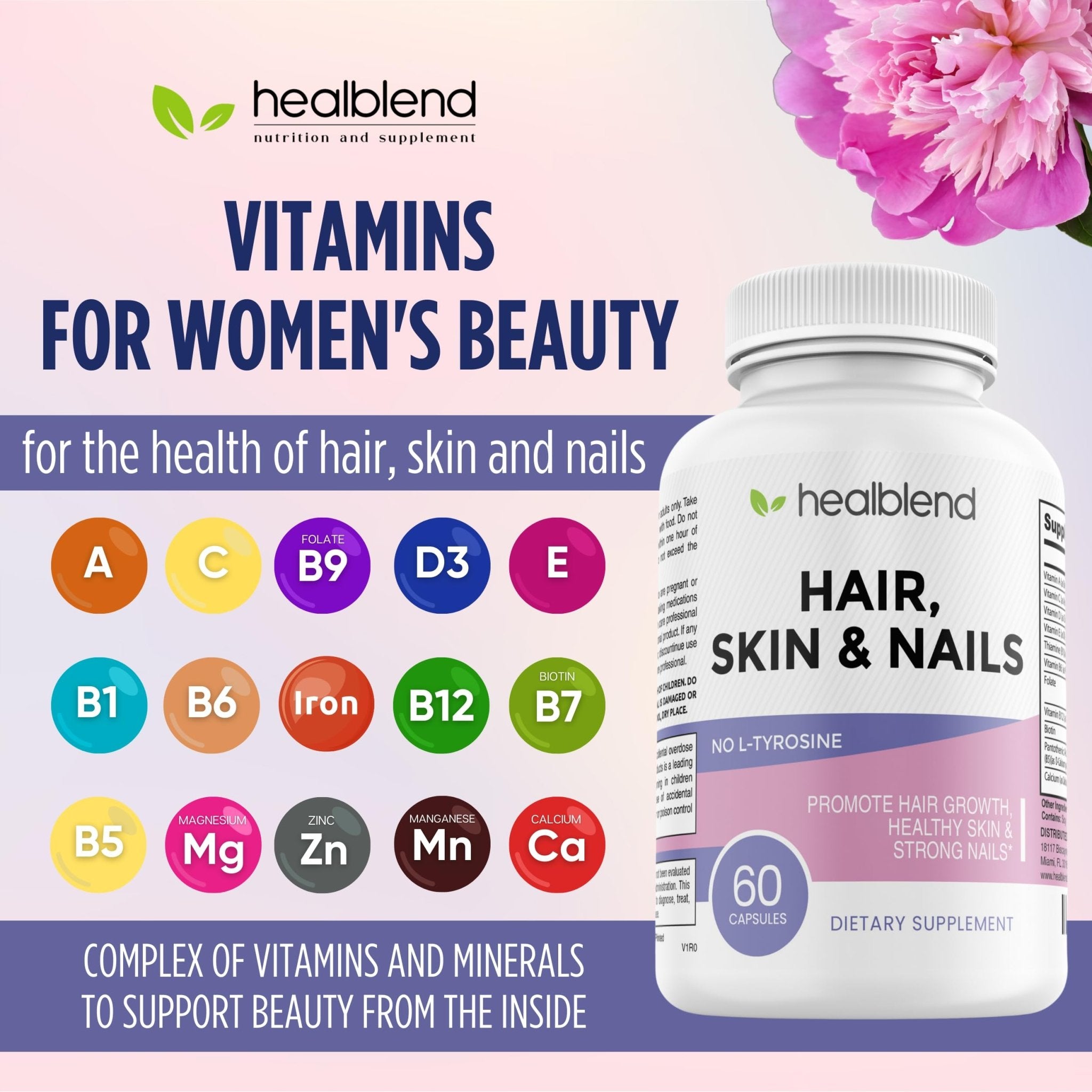 healblend Hair Skin and Nails Vitamins for Women with Biotin 5000 mcg, Iron and Manganese | Vegan, Non-GMO | 60 Capsules - TrustMedUSA