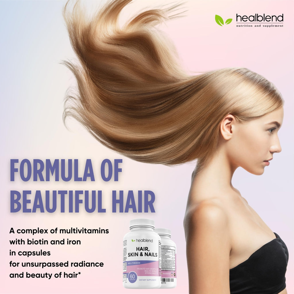 healblend Hair Skin and Nails Vitamins for Women with Biotin 5000 mcg, Iron and Manganese | Vegan, Non-GMO | 60 Capsules - TrustMedUSA