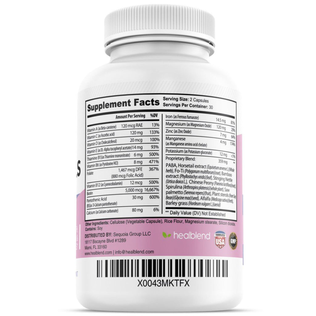 healblend Hair Skin and Nails Vitamins for Women with Biotin 5000 mcg, Iron and Manganese | Vegan, Non-GMO | 60 Capsules - TrustMedUSA