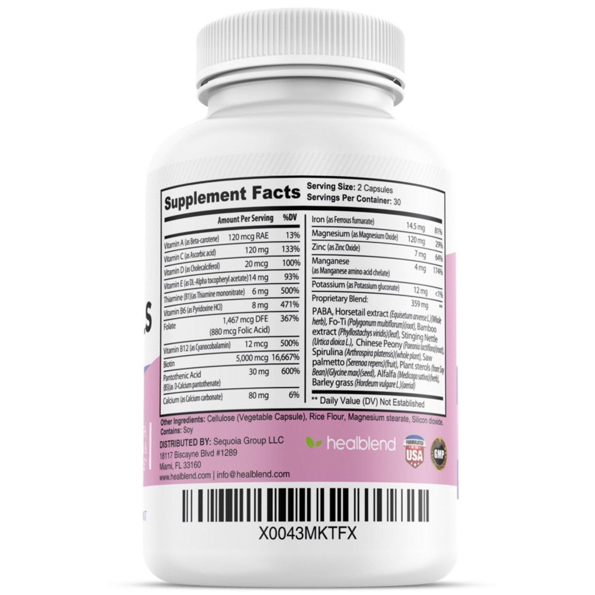healblend Hair Skin and Nails Vitamins for Women with Biotin 5000 mcg, Iron and Manganese | Vegan, Non-GMO | 60 Capsules - TrustMedUSA