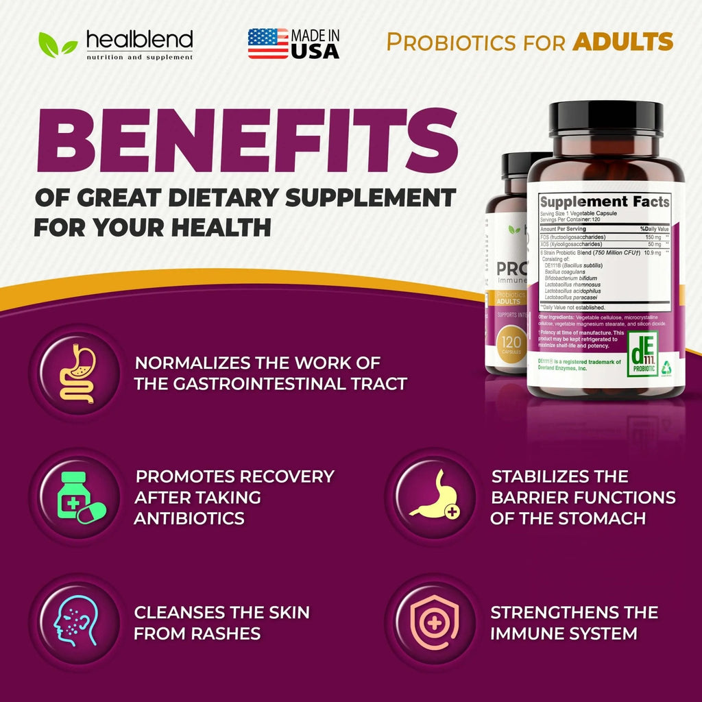 healblend Probiotic Caps Dietary Supplement Capsules, Probiotic for Women and for Men Digestive Health, Immune System Support, Non-GMO, Gluten-Free, 120 Veg Caps - TrustMedUSA