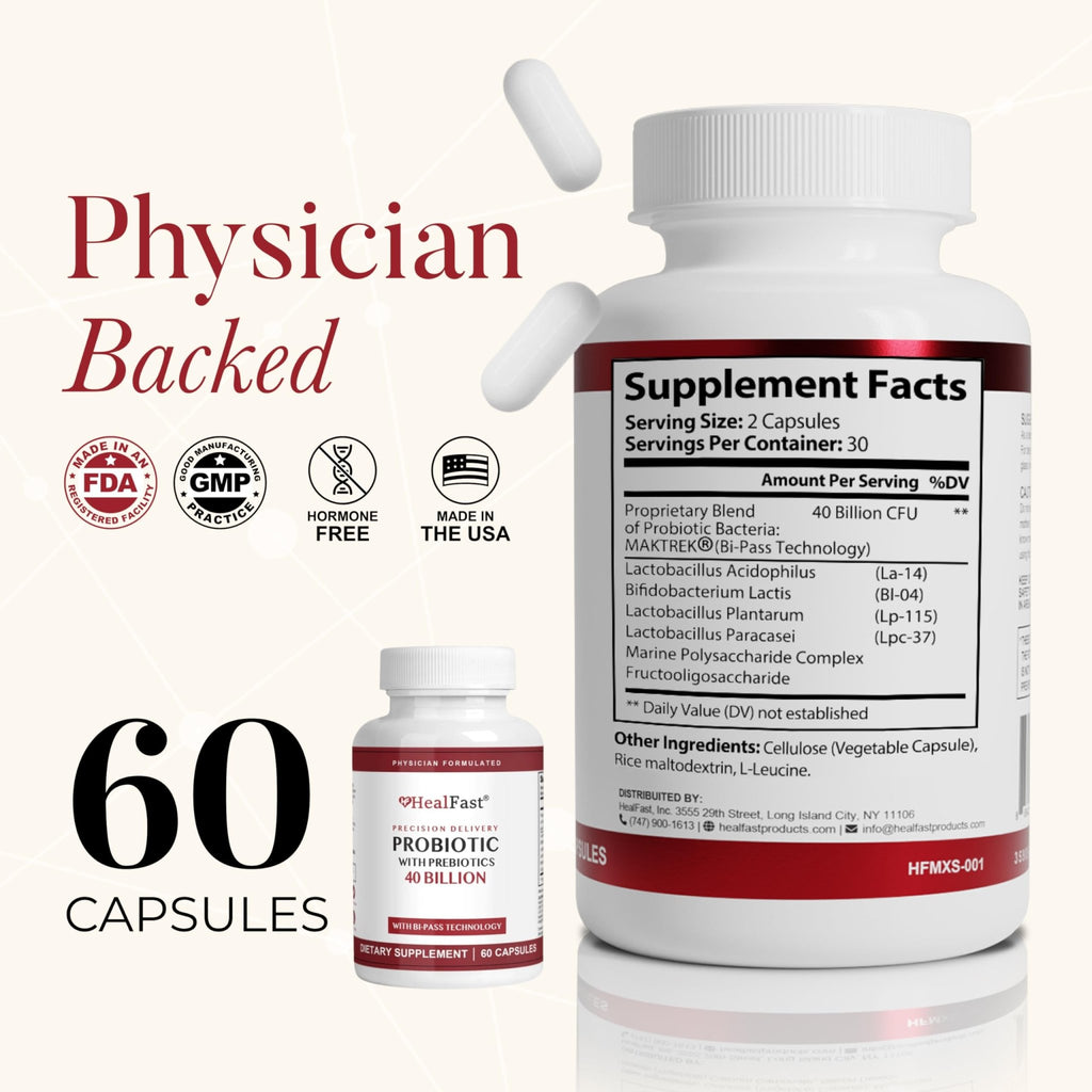 HealFast Physician Formulated Probiotic Supplement - 40 Billion CFU - Live Prebiotics and Probiotics for Men and Women - Probiotics for Gut Health - Non-GMO and Vegan - 30 Day Supply - TrustMedUSA