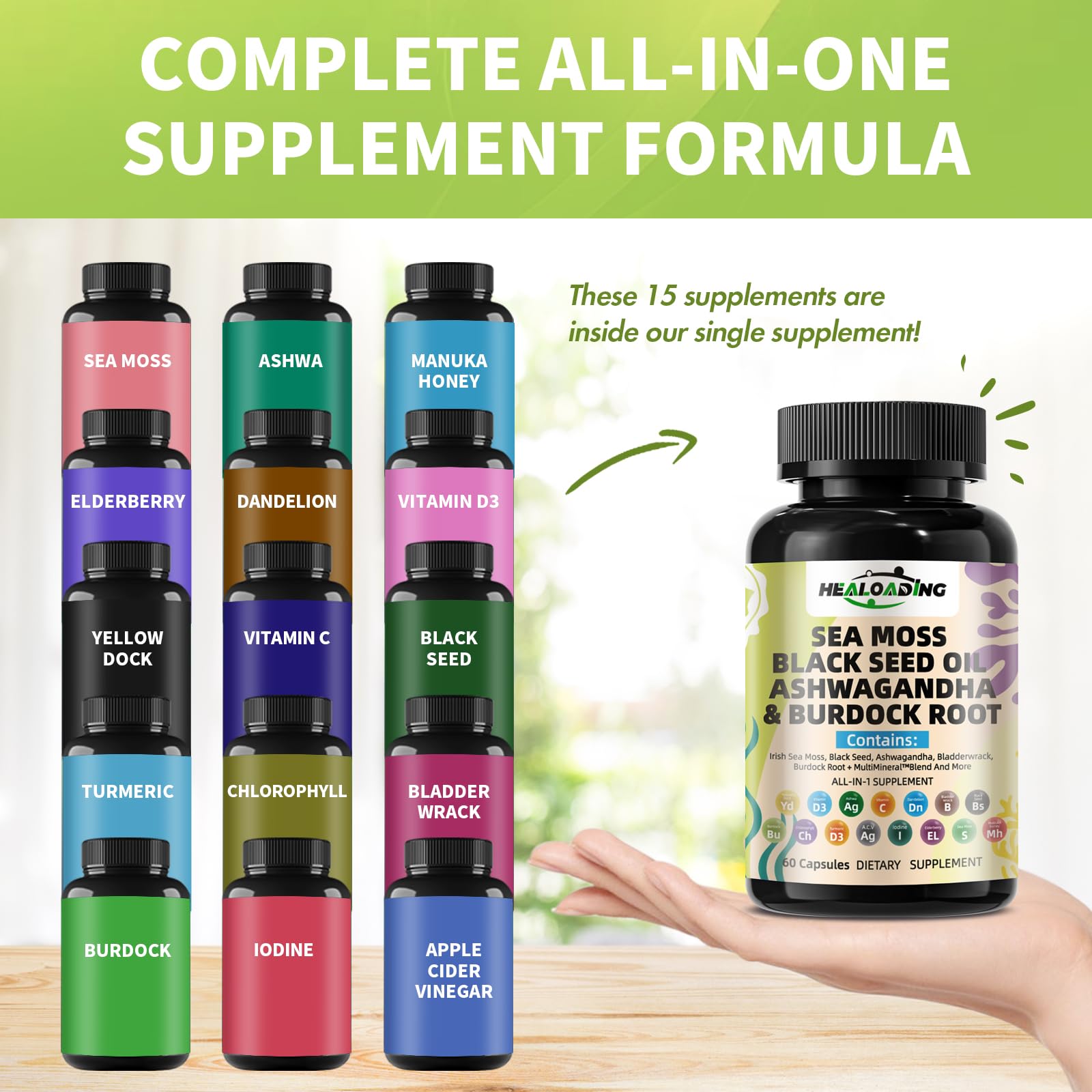 HEALOADING Sea Moss Capsules：Wildcrafted Organic Irish Seamoss & Bladderwack - Rich in Minerals, Supports Thyroid Health, Digestion, Skin & Immune System - Vegan, Non-GMO - TrustMedUSA