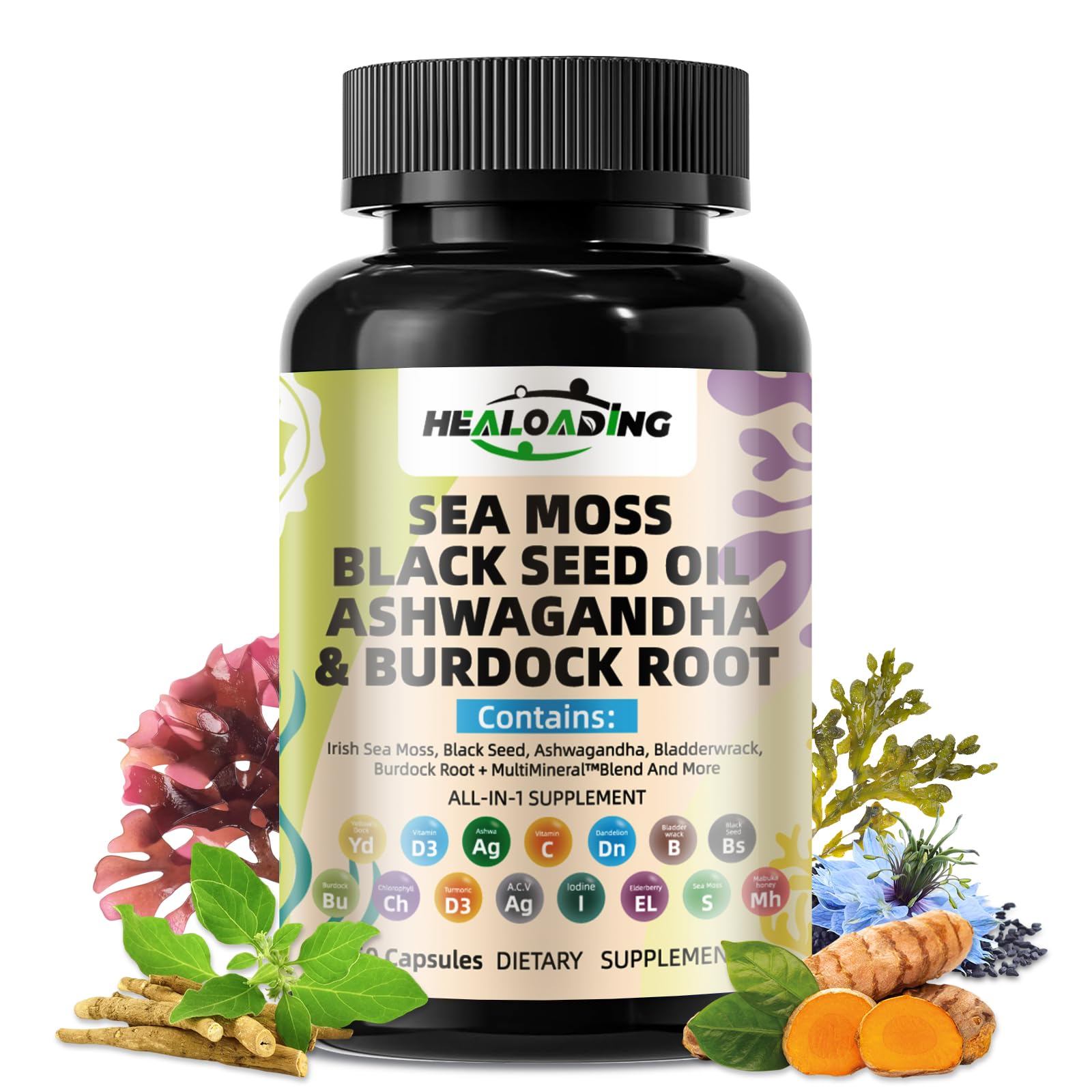 HEALOADING Sea Moss Capsules：Wildcrafted Organic Irish Seamoss & Bladderwack - Rich in Minerals, Supports Thyroid Health, Digestion, Skin & Immune System - Vegan, Non-GMO - TrustMedUSA