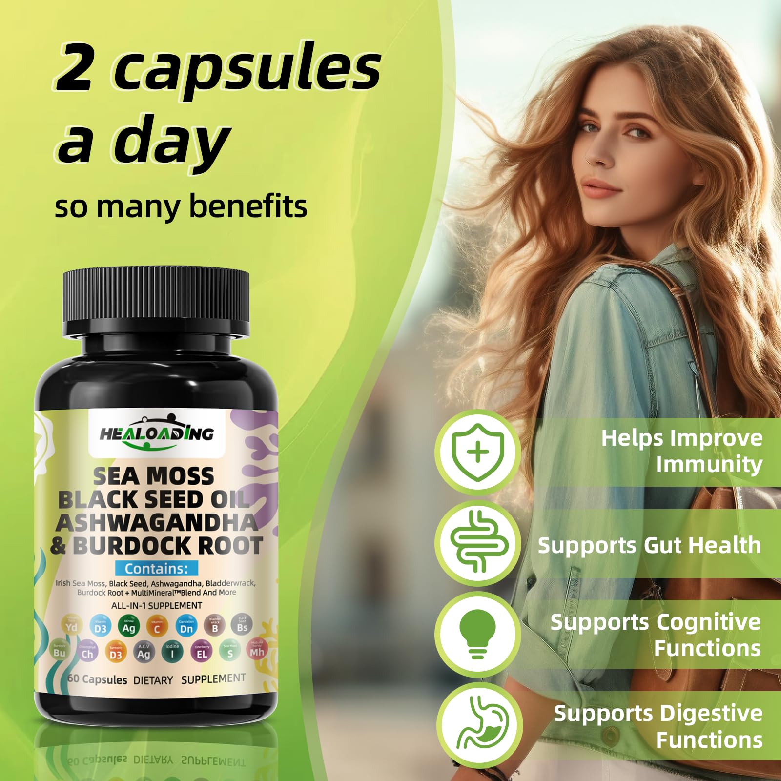 HEALOADING Sea Moss Capsules：Wildcrafted Organic Irish Seamoss & Bladderwack - Rich in Minerals, Supports Thyroid Health, Digestion, Skin & Immune System - Vegan, Non-GMO - TrustMedUSA
